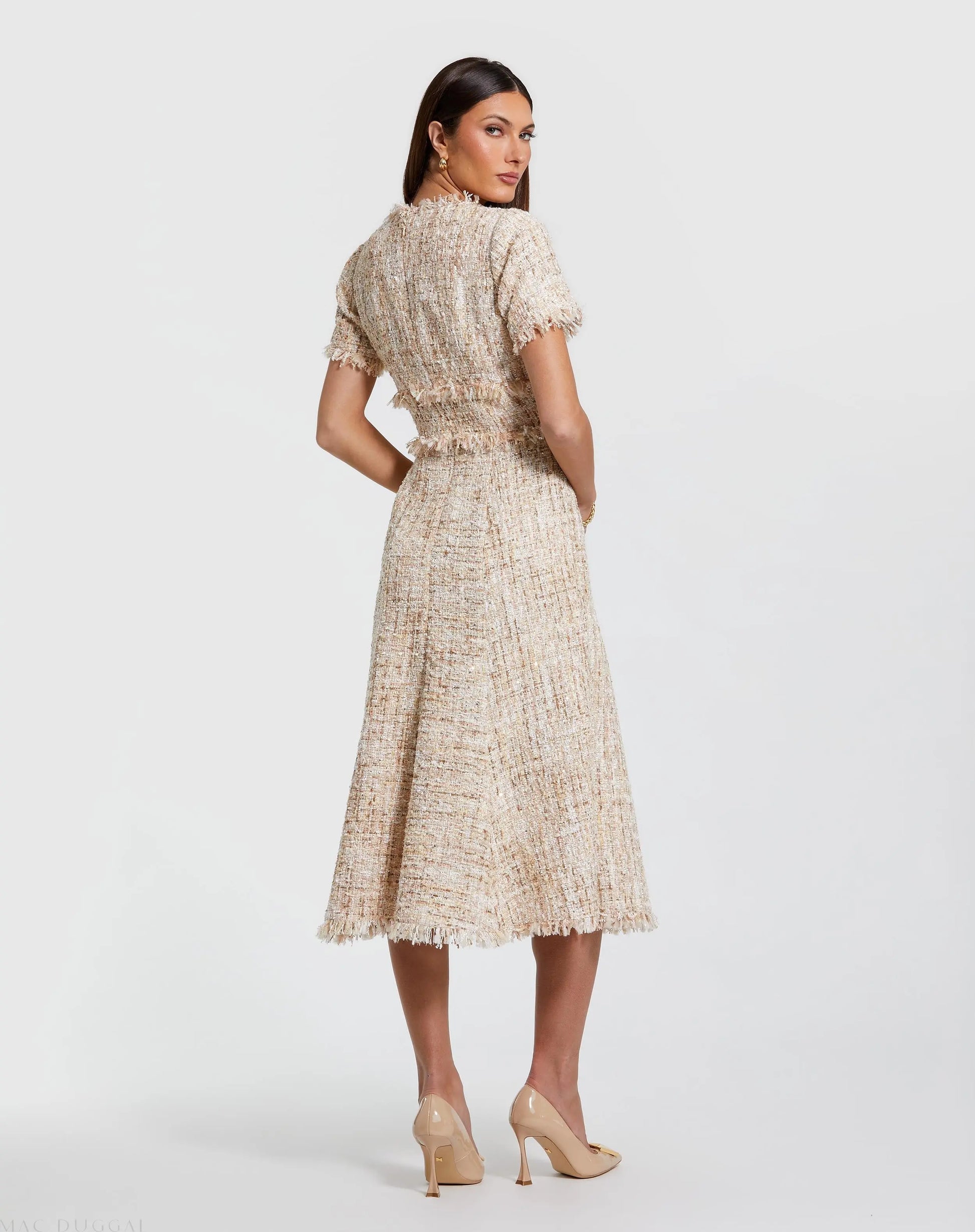Beige Boucle Short Sleeve A Line Midi Dress - Mac Duggal Beige Boucle Short Sleeve A Line Midi Dress - Mac Duggal