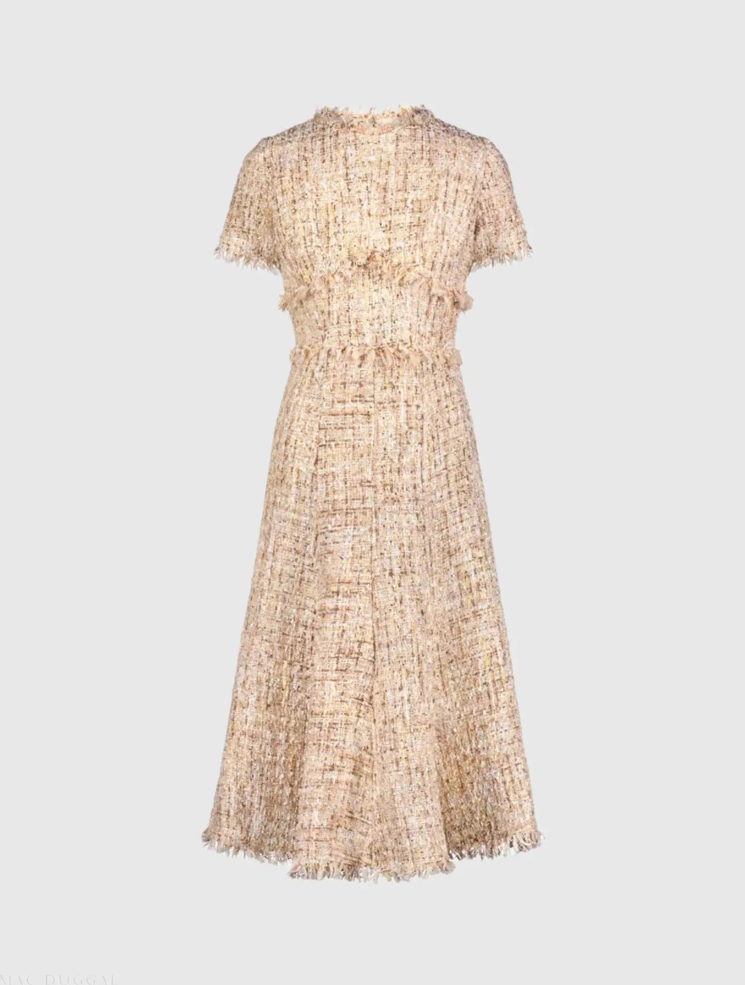 Beige Boucle Short Sleeve A Line Midi Dress - Mac Duggal Beige Boucle Short Sleeve A Line Midi Dress - Mac Duggal