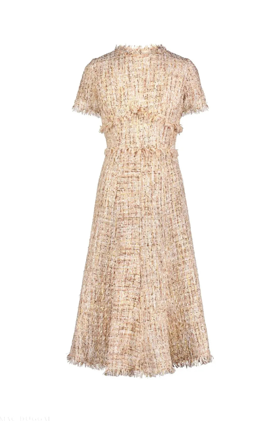 Beige Boucle Short Sleeve A Line Midi Dress - Mac Duggal