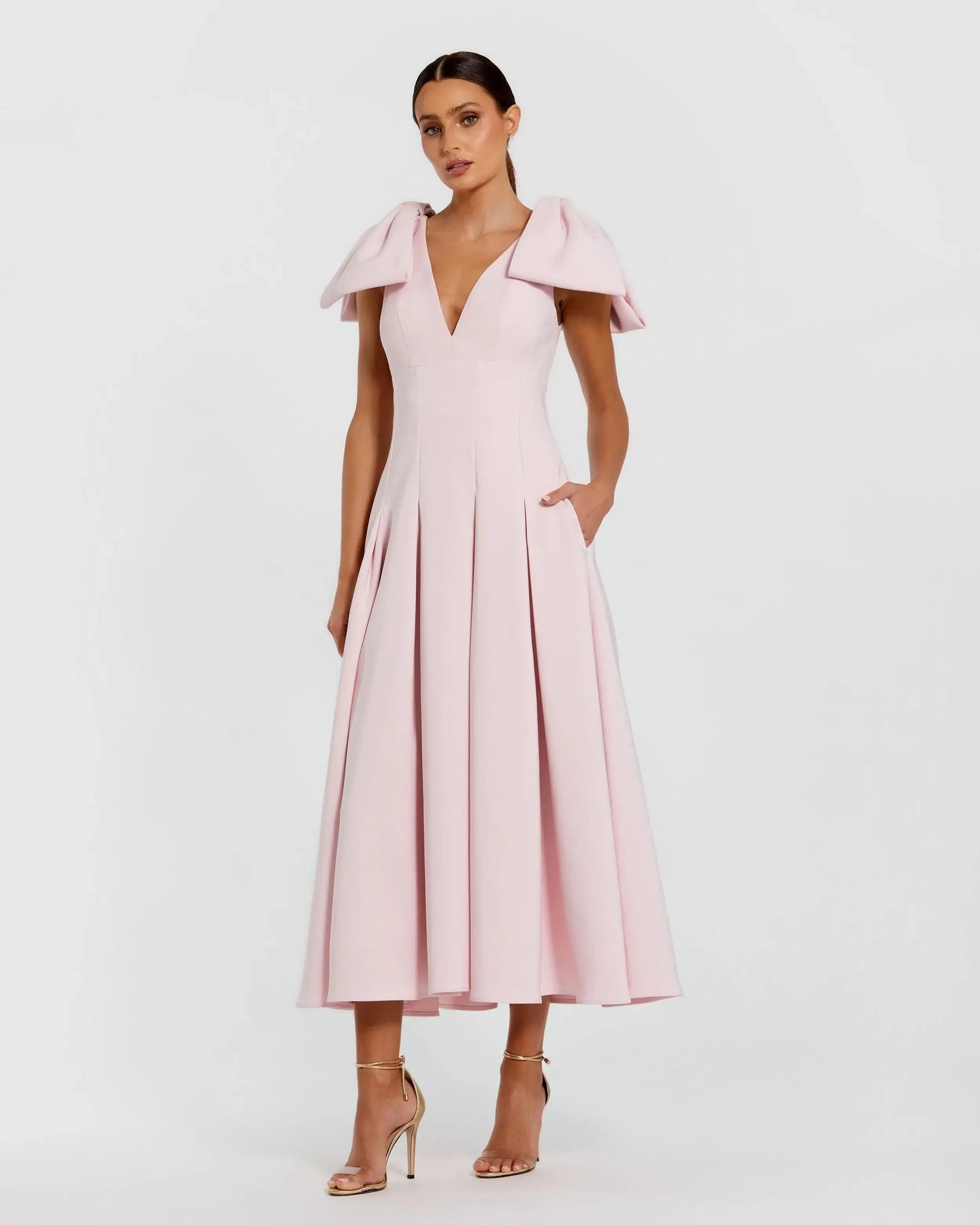 Pink Crepe A Line Midi Dress With Bow Straps | Mac Duggal Pink Crepe A Line Midi Dress With Bow Straps | Mac Duggal