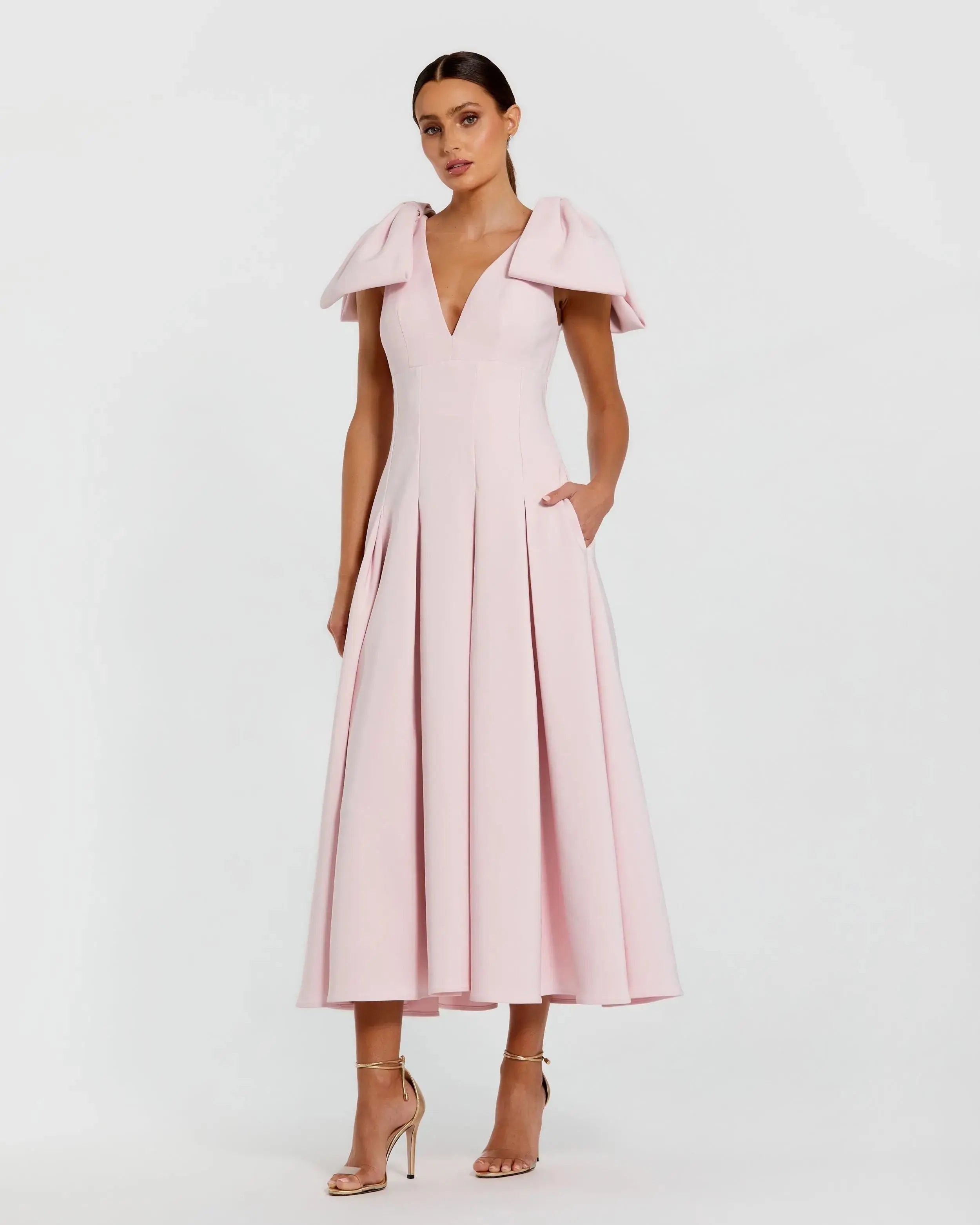Pink Crepe A Line Midi Dress With Bow Straps Ieena for Mac Duggal