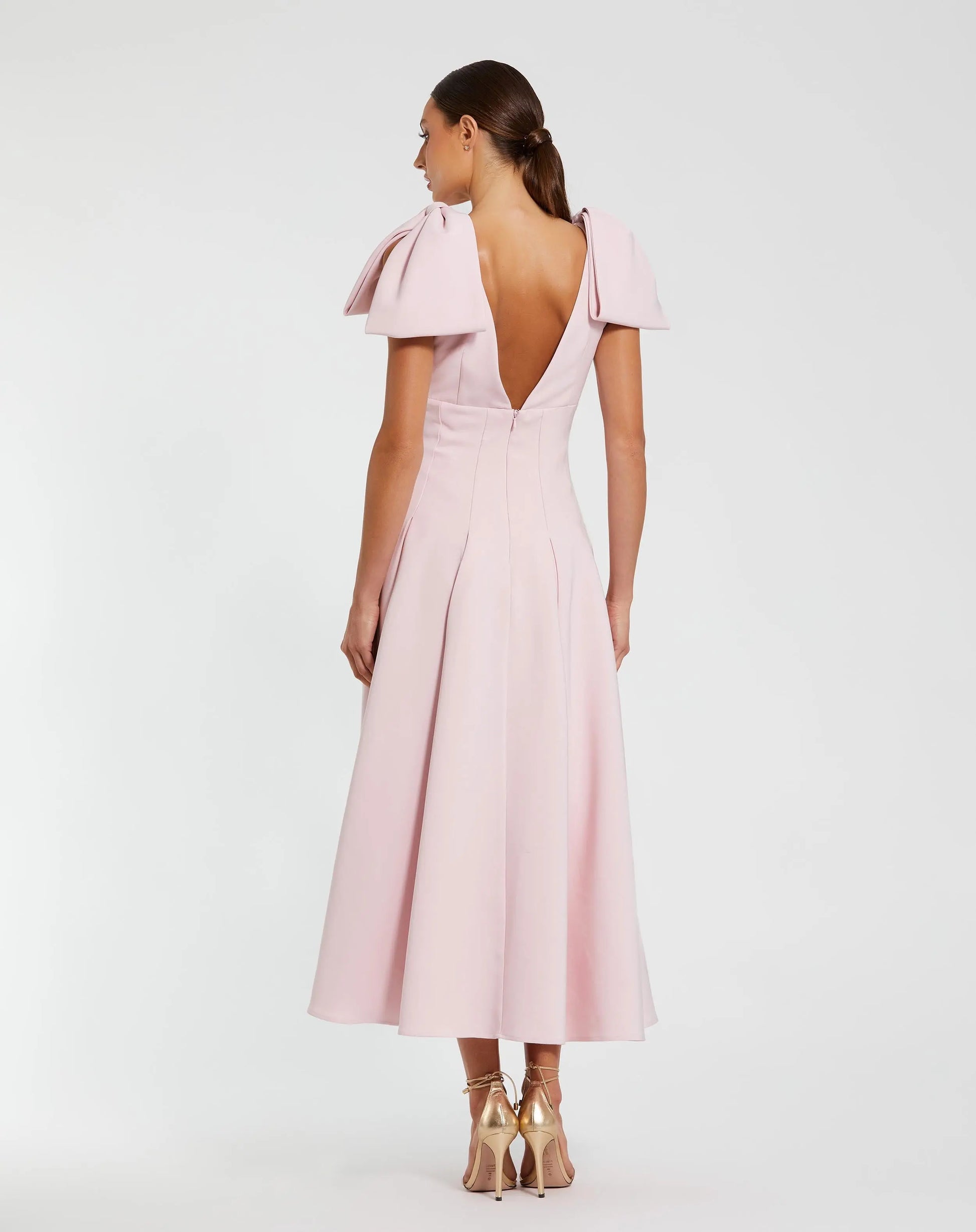 Pink Crepe A Line Midi Dress With Bow Straps | Mac Duggal Pink Crepe A Line Midi Dress With Bow Straps | Mac Duggal