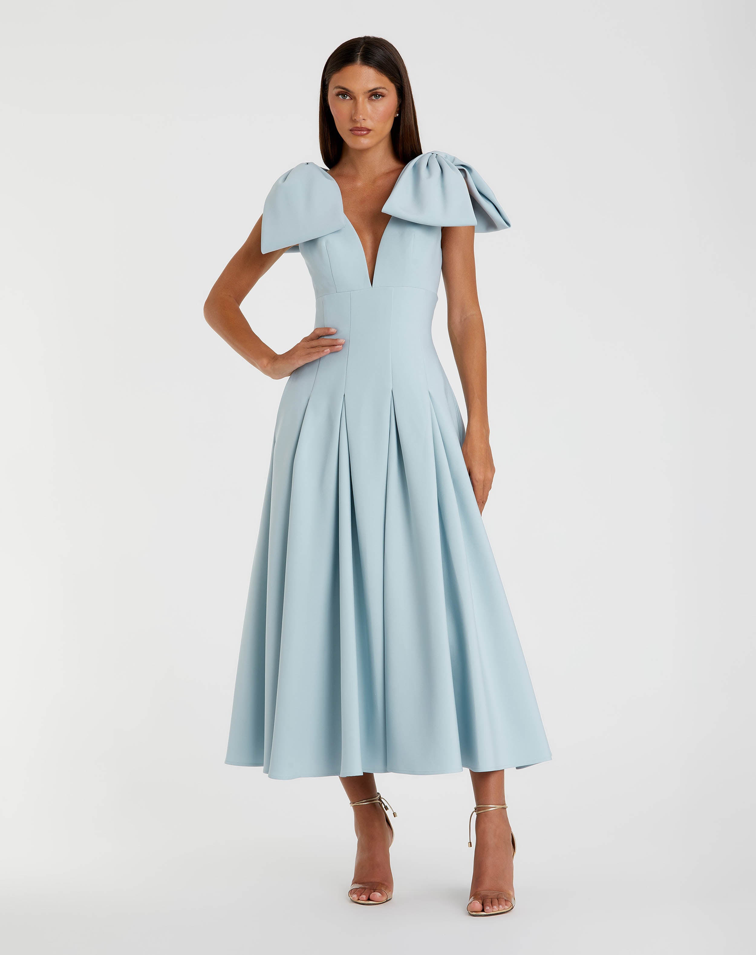 Blue Crepe A Line Midi Dress With Bow Straps Ieena for Mac Duggal