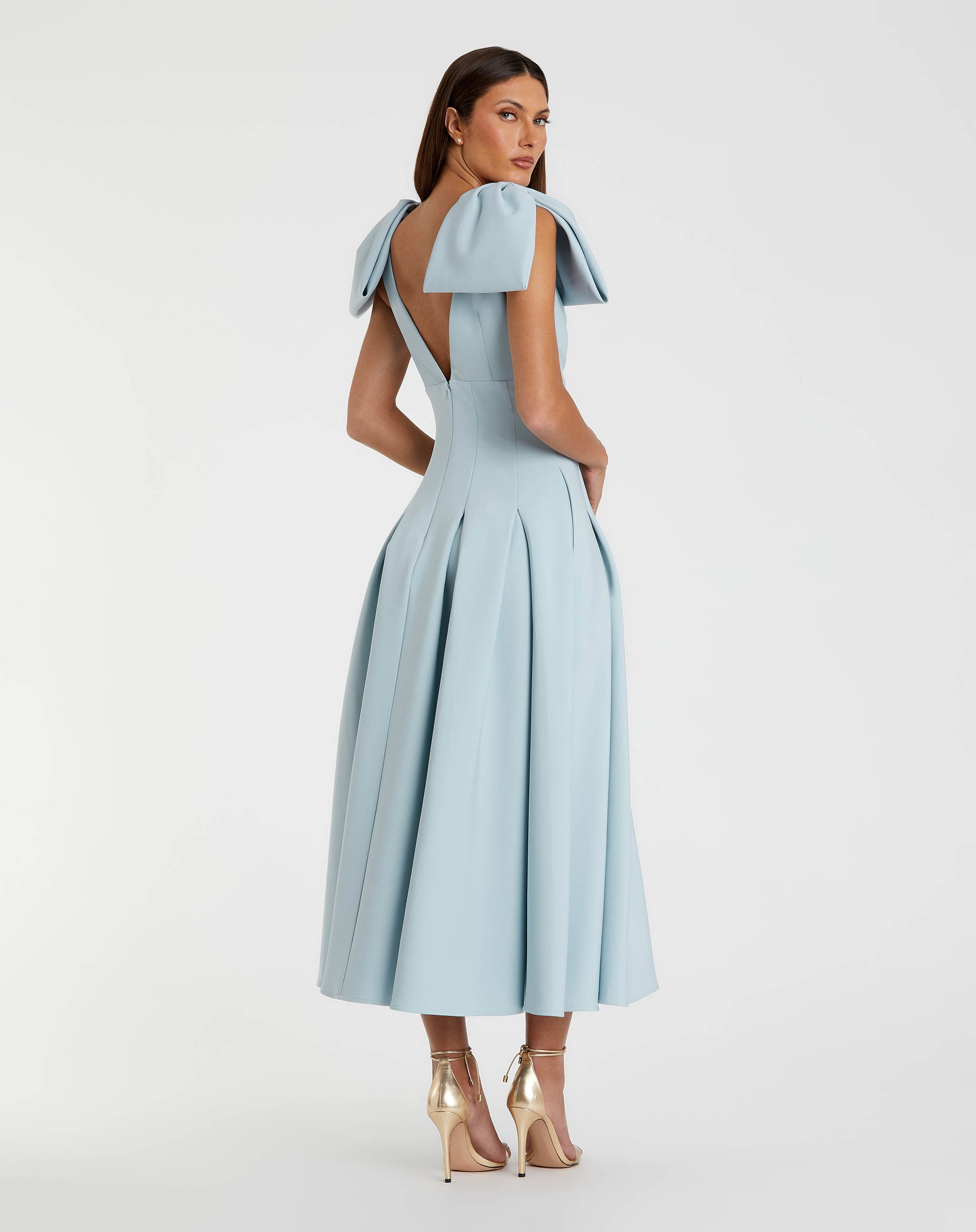 Blue Crepe A Line Midi Dress With Bow Straps Ieena for Mac Duggal