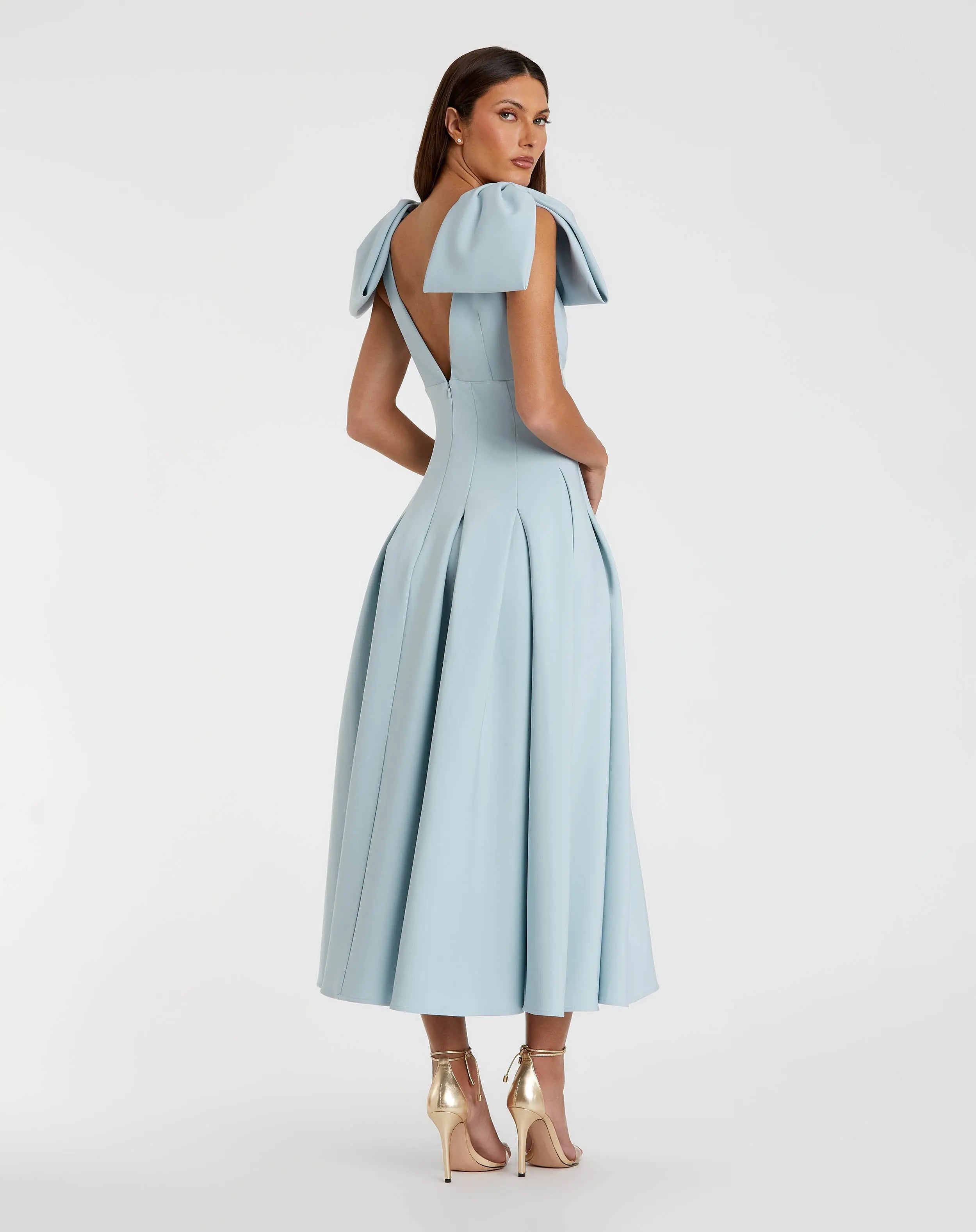 Blue Crepe A Line Midi Dress With Bow Straps Ieena for Mac Duggal