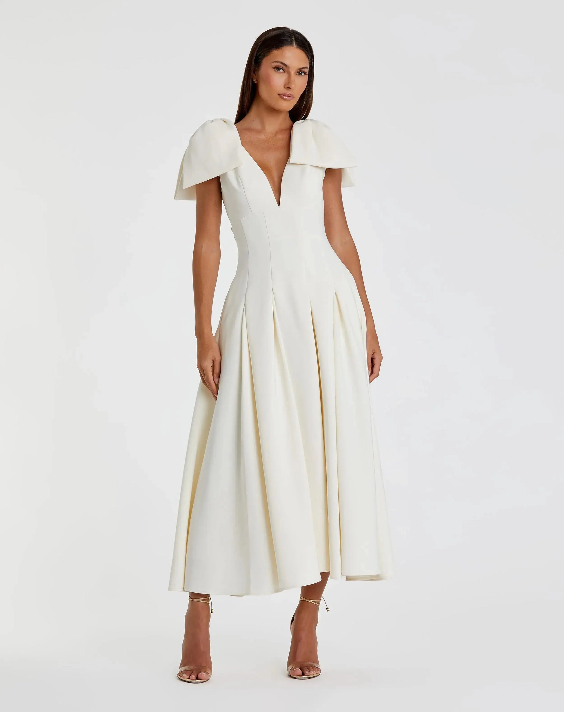 Ivory Crepe A Line Midi Dress With Bow Straps | Mac Duggal Ivory Crepe A Line Midi Dress With Bow Straps | Mac Duggal