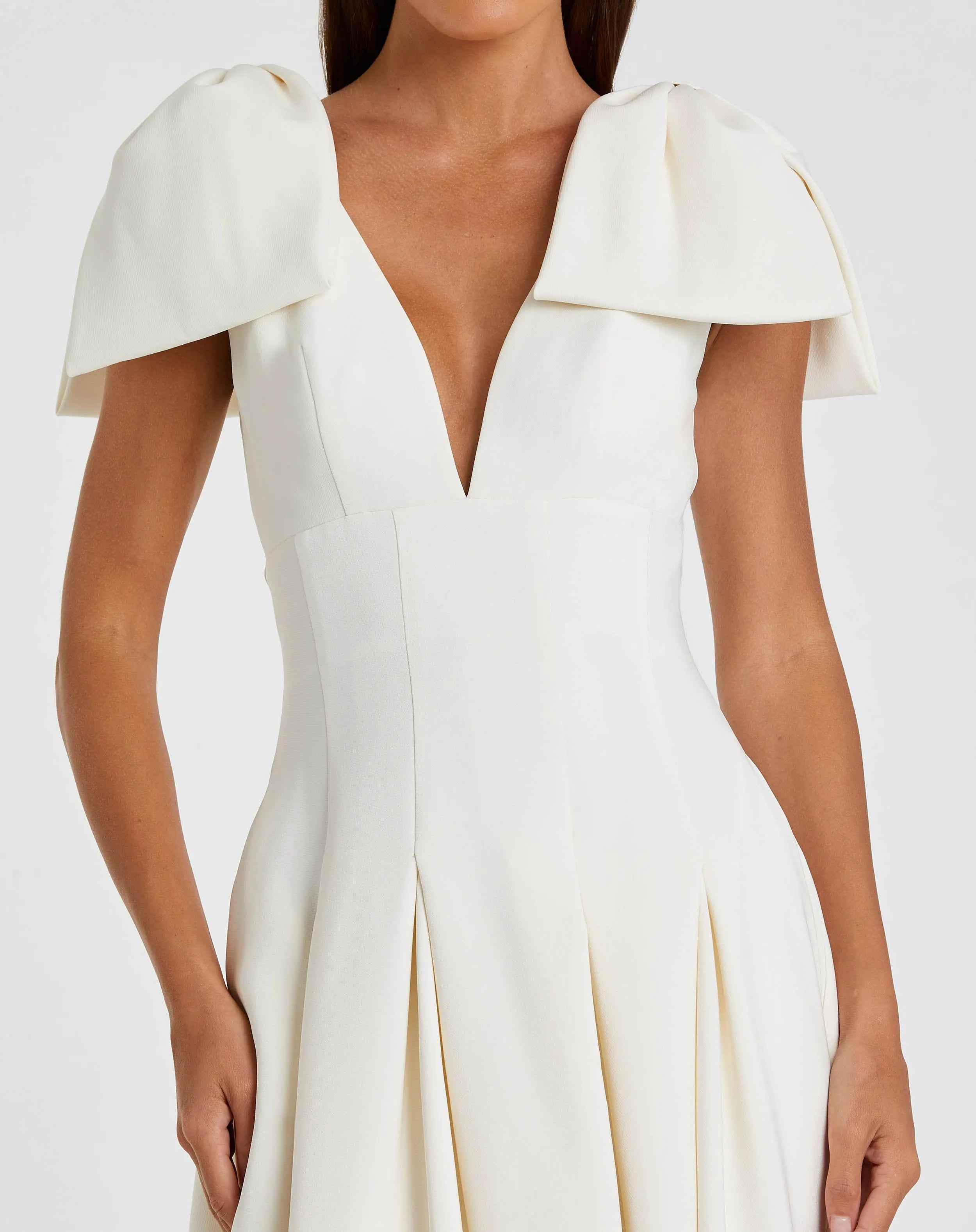 Ivory Crepe A Line Midi Dress With Bow Straps - Ieena for Mac Duggal