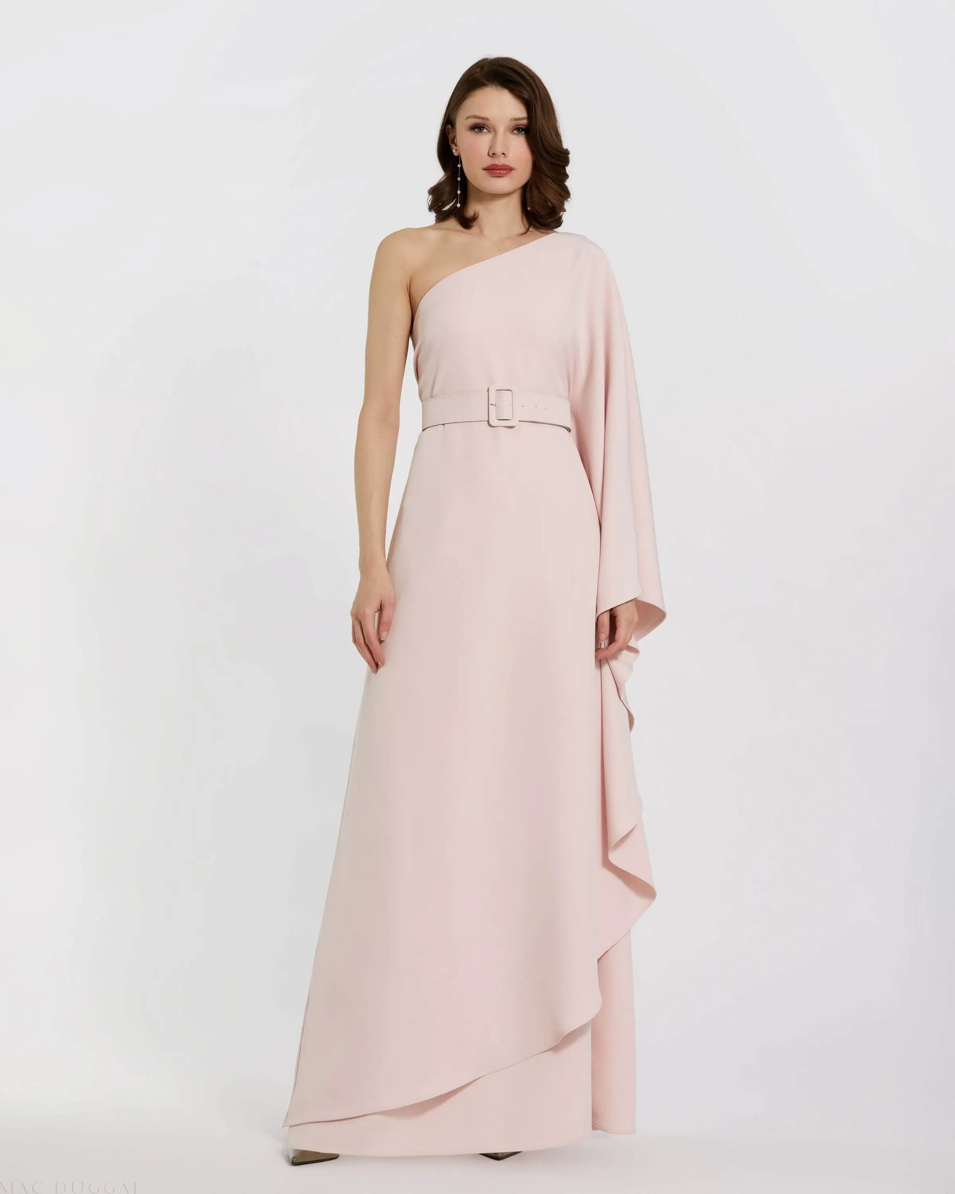 Pink Crepe One Sleeve Belted Kaftan Dress | Mac Duggal Pink Crepe One Sleeve Belted Kaftan Dress | Mac Duggal