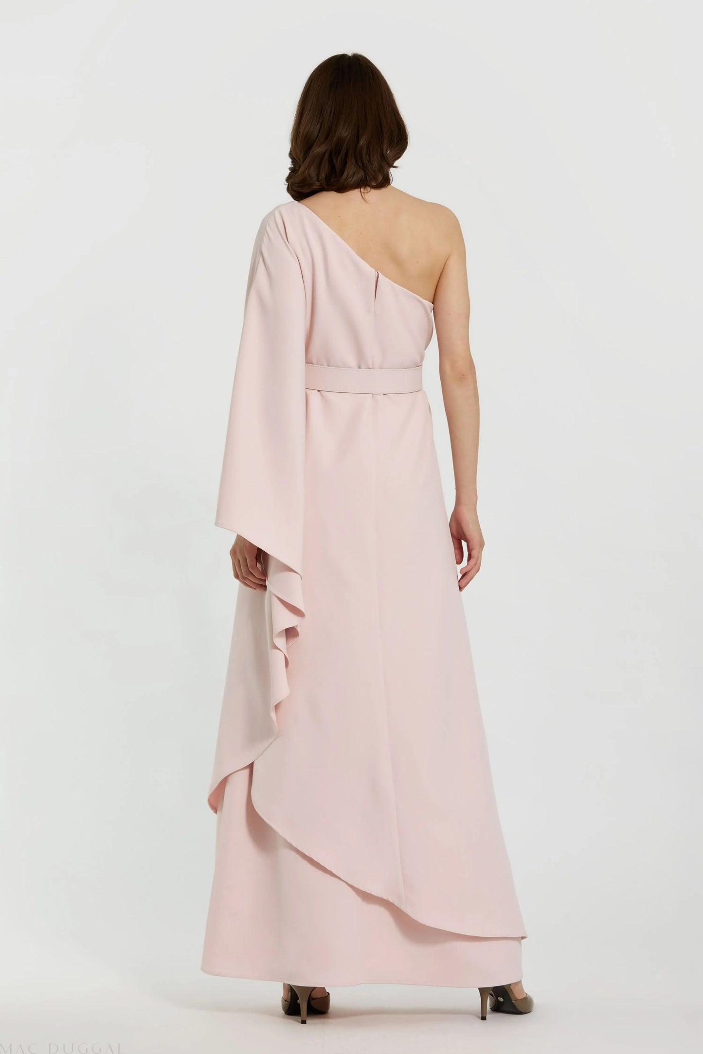 Pink Crepe One Sleeve Belted Kaftan Dress - Mac Duggal