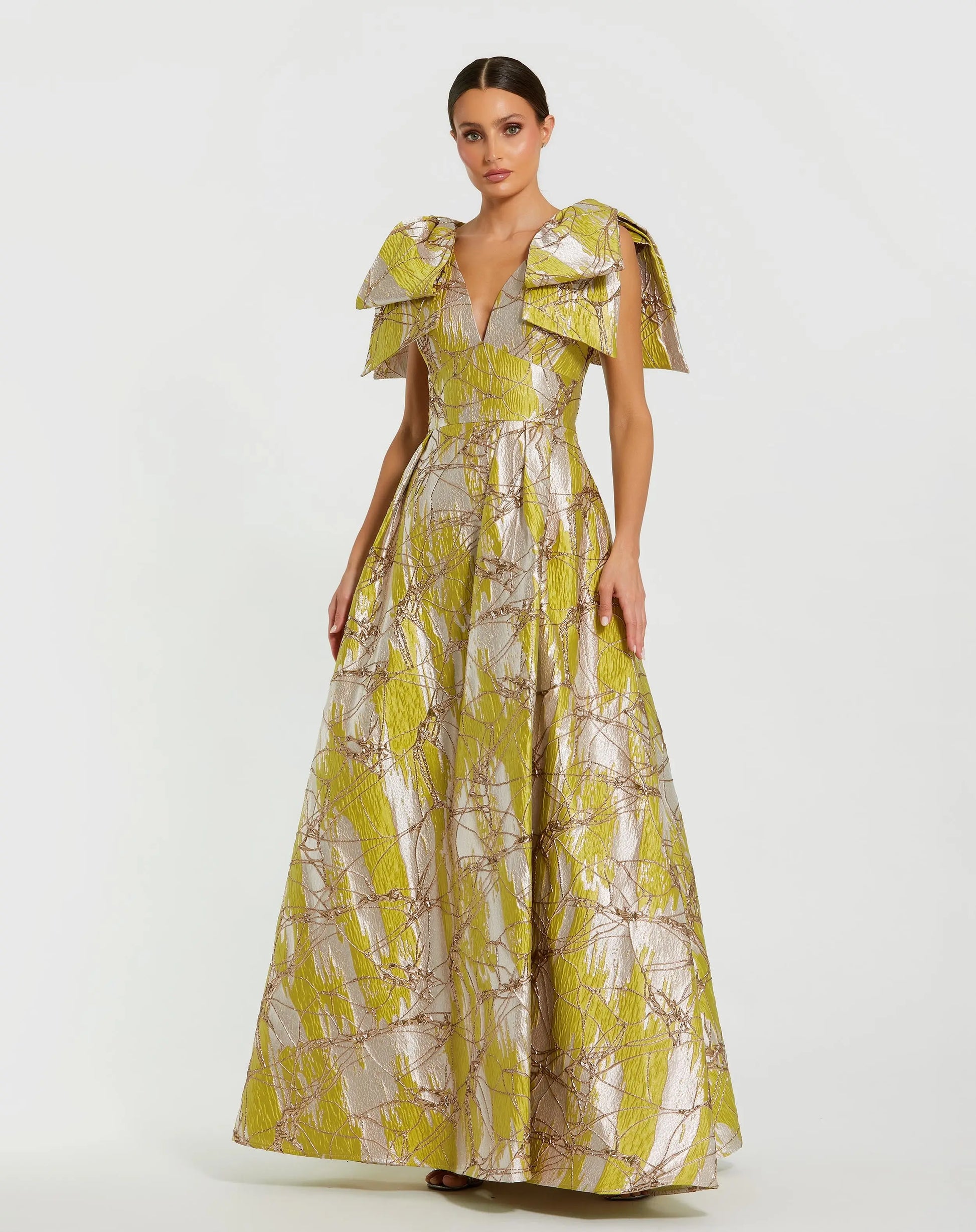 Green Layered Shoulder Bow Metallic A-Line Gown | Mac Duggal Green Layered Shoulder Bow Metallic A-Line Gown | Mac Duggal