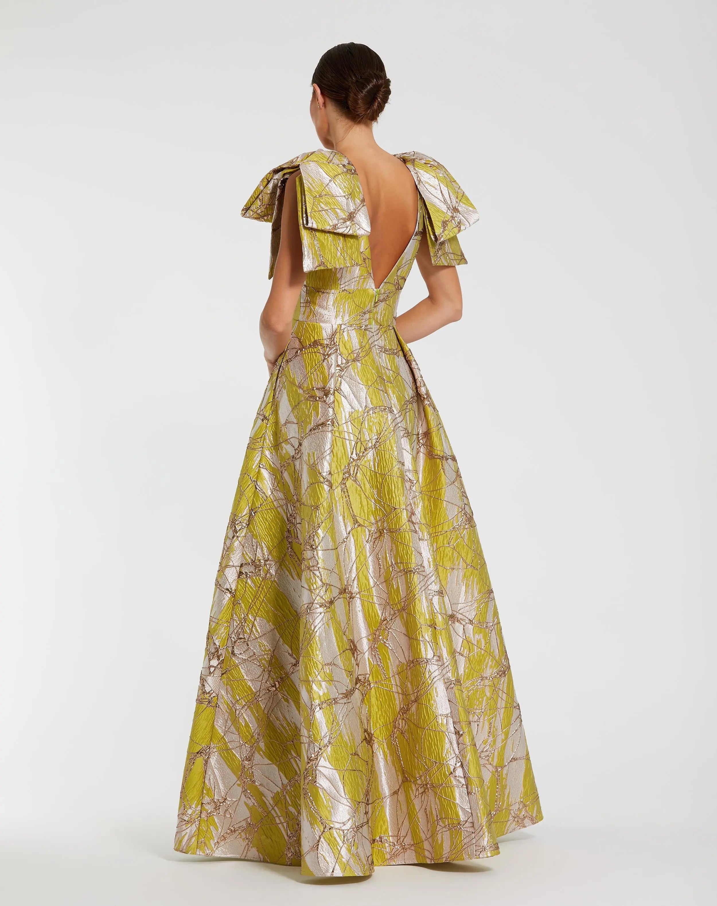 Green Layered Shoulder Bow Metallic A-Line Gown - Ieena for Mac Duggal