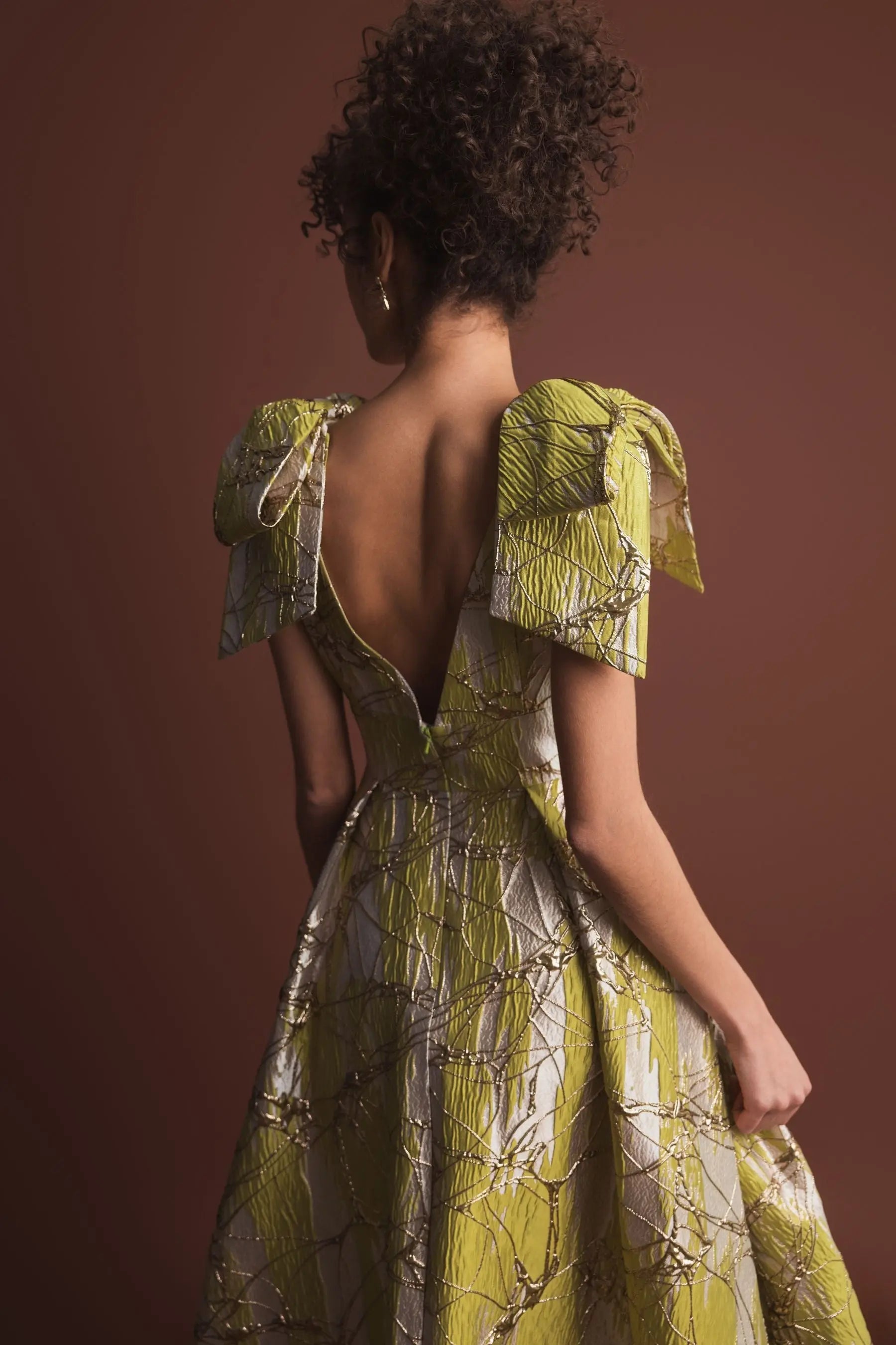 Green Layered Shoulder Bow Metallic A-Line Gown Green Layered Shoulder Bow Metallic A-Line Gown