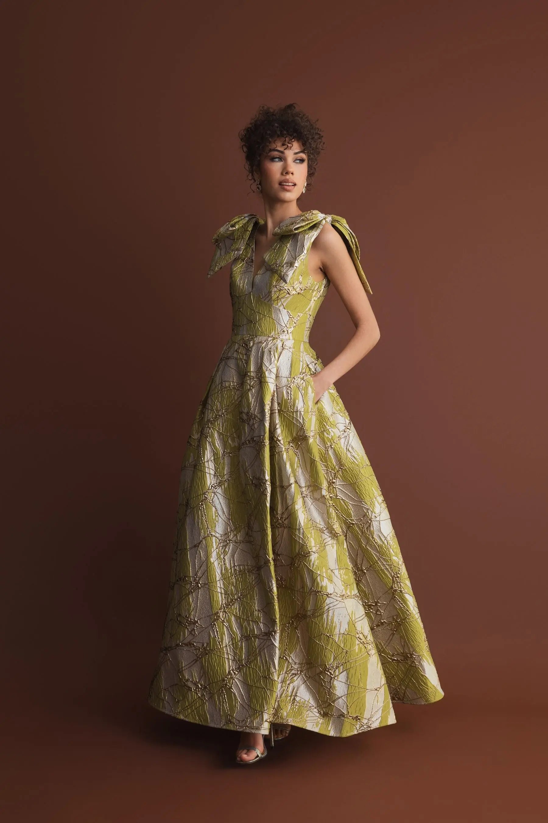 Green Layered Shoulder Bow Metallic A-Line Gown | Mac Duggal Green Layered Shoulder Bow Metallic A-Line Gown | Mac Duggal