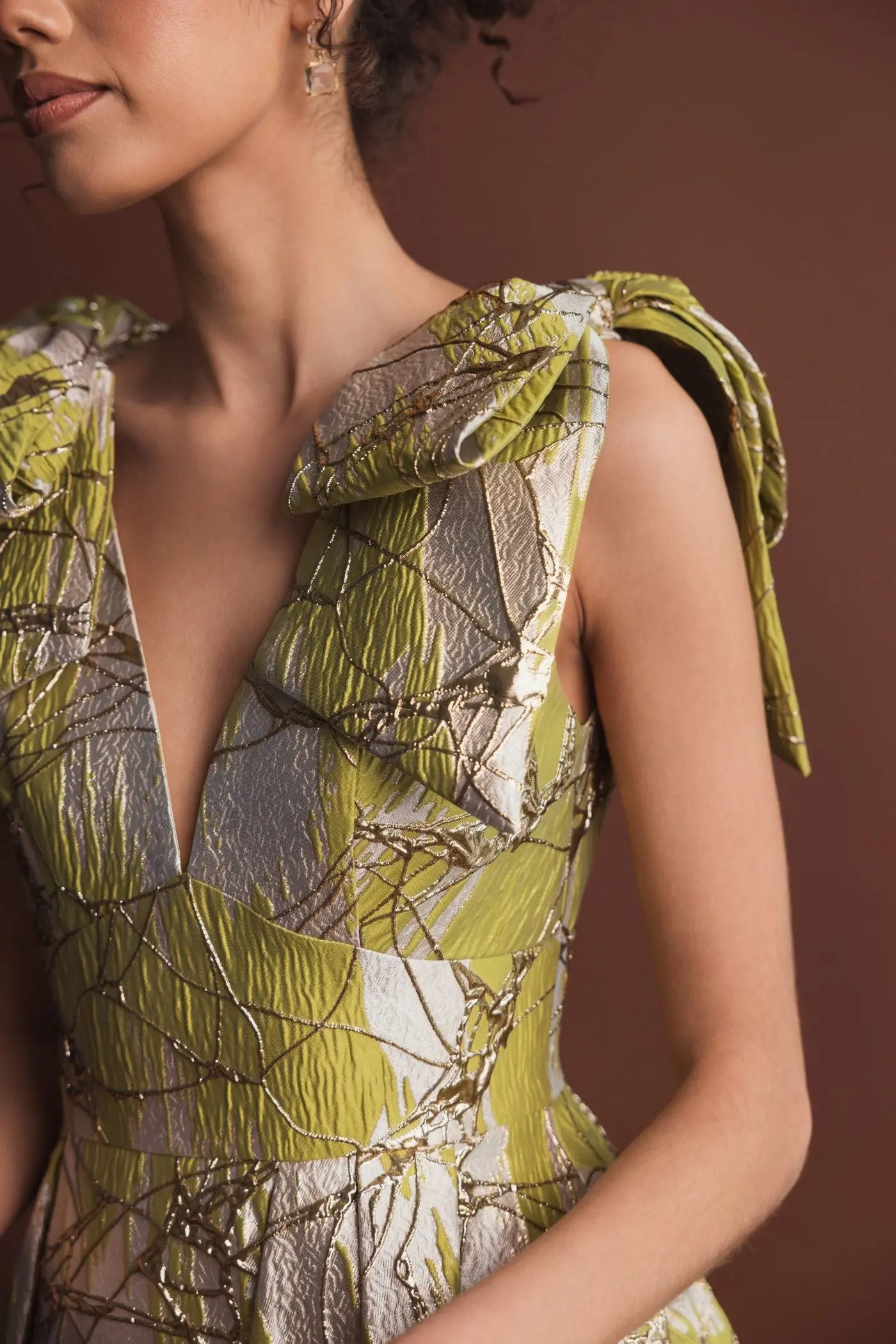 Green Layered Shoulder Bow Metallic A-Line Gown Green Layered Shoulder Bow Metallic A-Line Gown