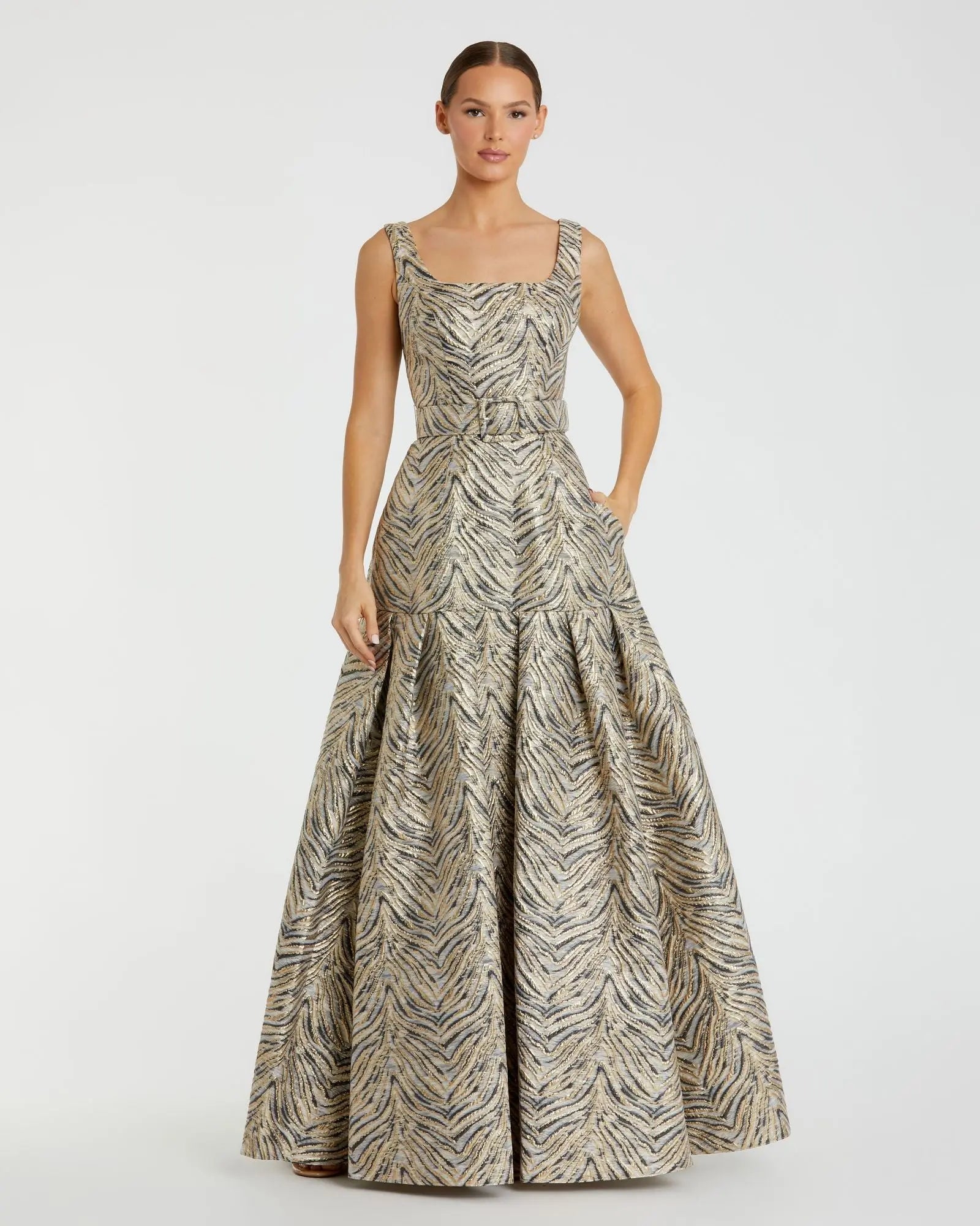 Gold Metallic Jacquard Gown with Square Neckline and Box Pleats - Ieena for Mac Duggal