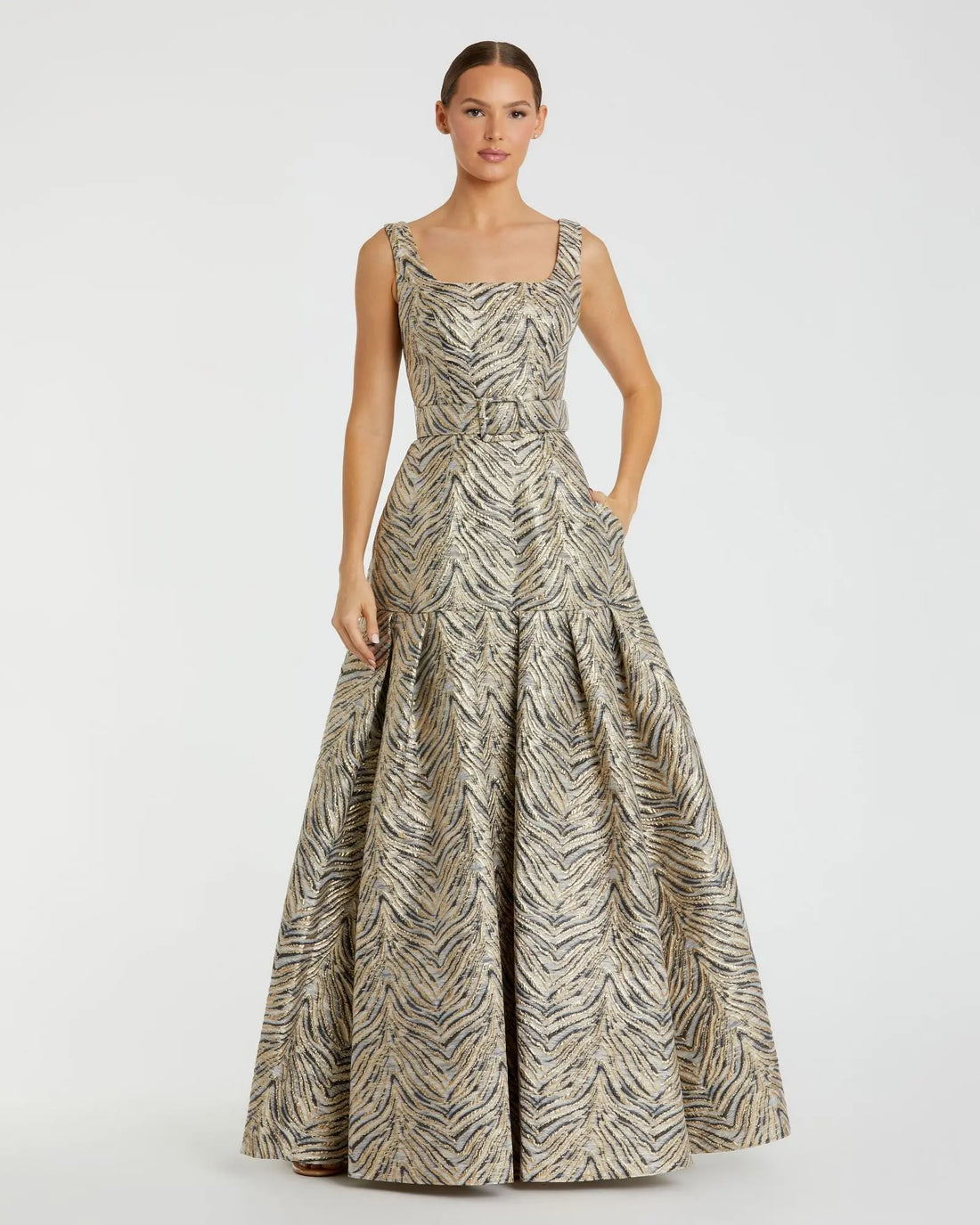 Gold Metallic Gown with Square neckline and Box Pleats Gold Metallic Gown with Square neckline and Box Pleats