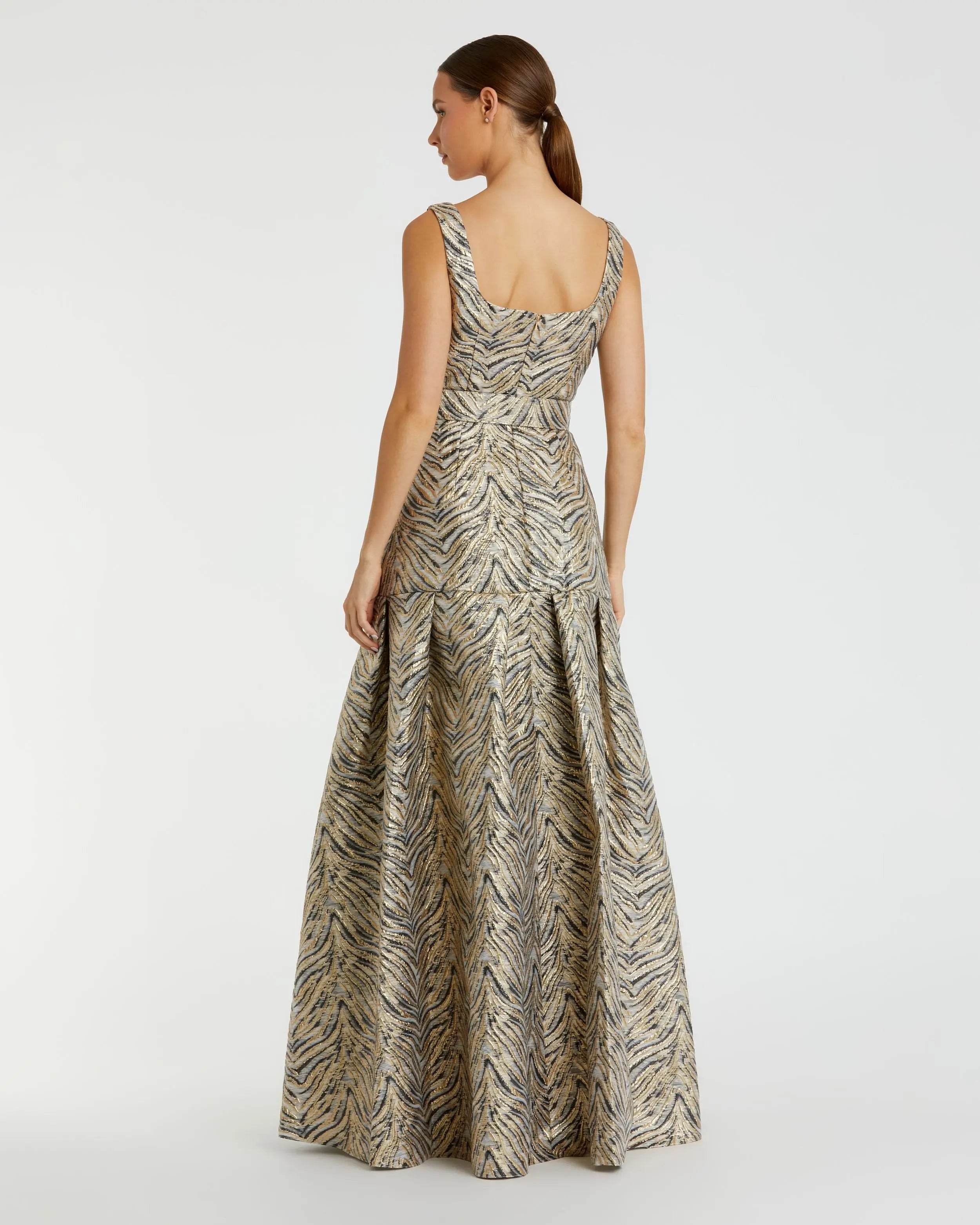 Gold Metallic Jacquard Gown with Square Neckline and Box Pleats - Ieena for Mac Duggal