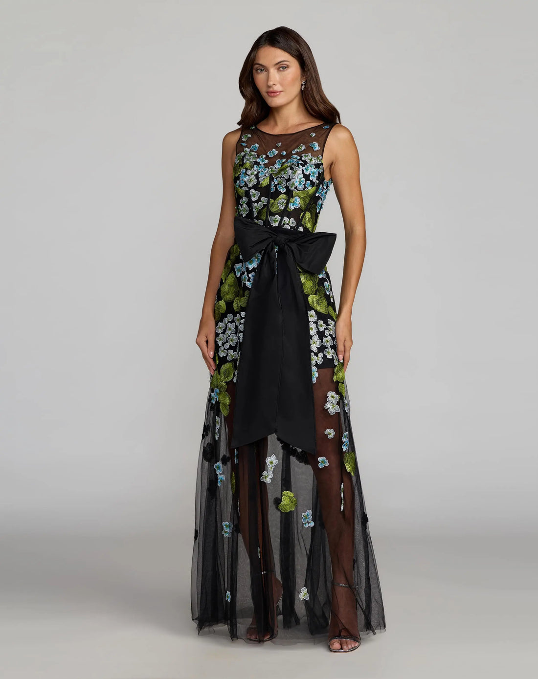 Black Floral Embroidered Corset Gown With Bow | Mac Duggal Black Floral Embroidered Corset Gown With Bow | Mac Duggal