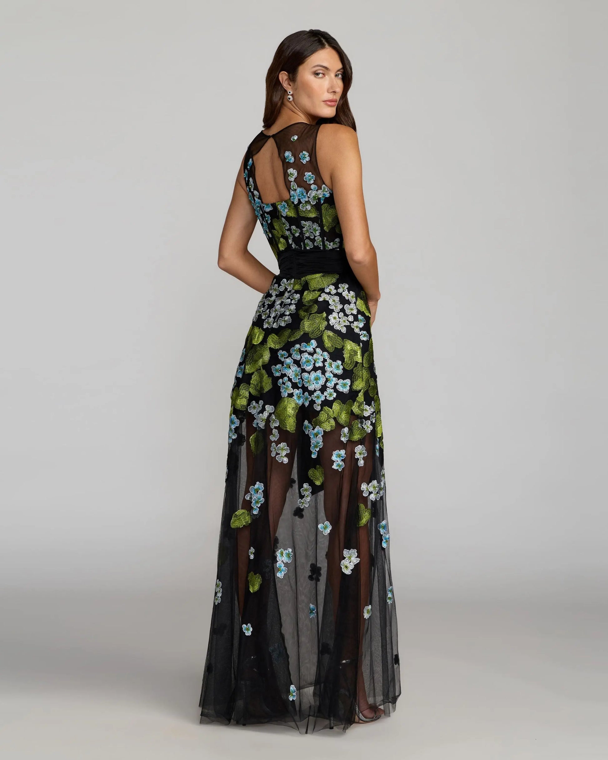 Black Floral Embroidered Corset Gown With Bow | Mac Duggal Black Floral Embroidered Corset Gown With Bow | Mac Duggal