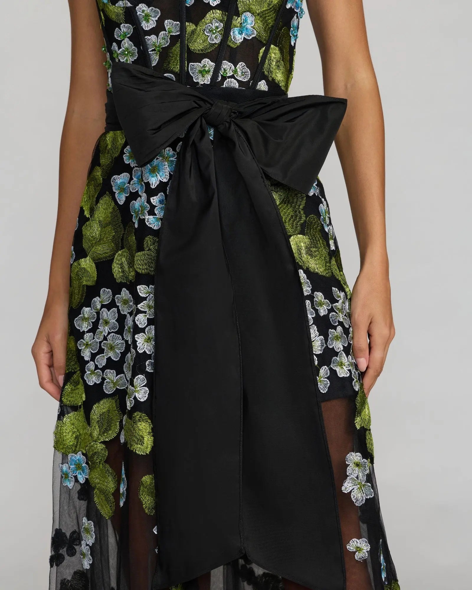 Black Floral Embroidered Corset Gown With Bow | Mac Duggal Black Floral Embroidered Corset Gown With Bow | Mac Duggal