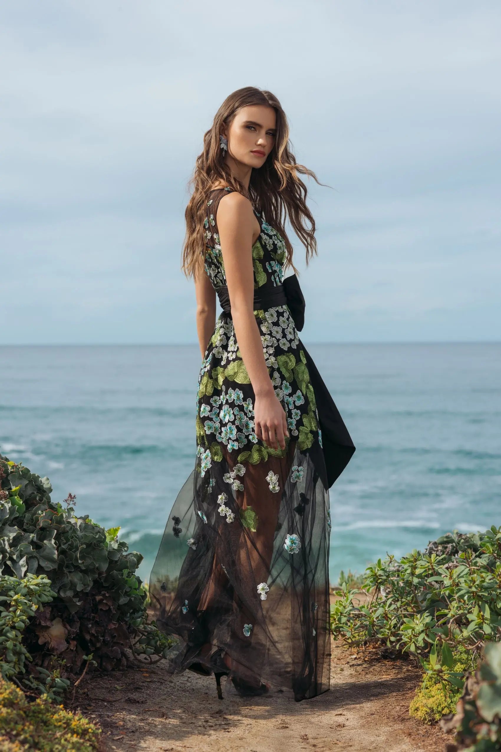 Black Floral Embroidered Corset Gown With Bow | Mac Duggal Black Floral Embroidered Corset Gown With Bow | Mac Duggal