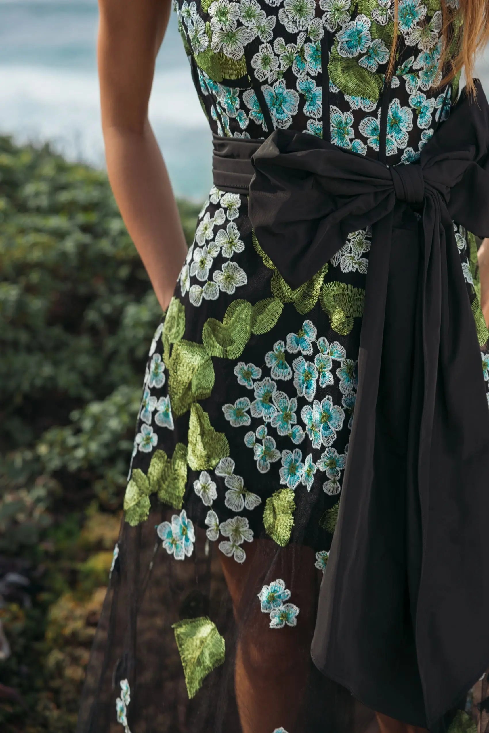 Black Floral Embroidered Corset Gown With Bow | Mac Duggal Black Floral Embroidered Corset Gown With Bow | Mac Duggal