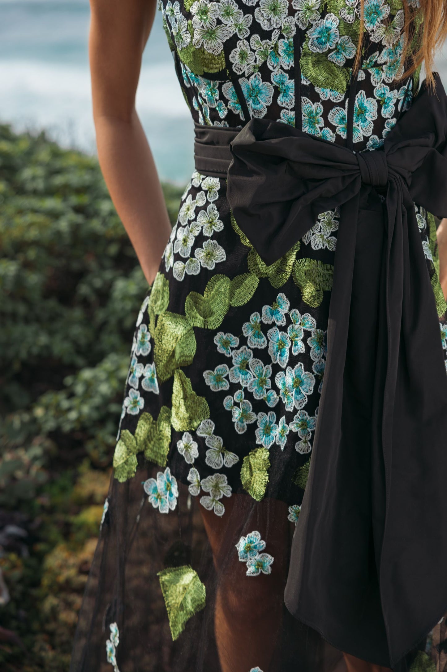 Blue Floral Embroidered Corset Gown with Bow Mac Duggal