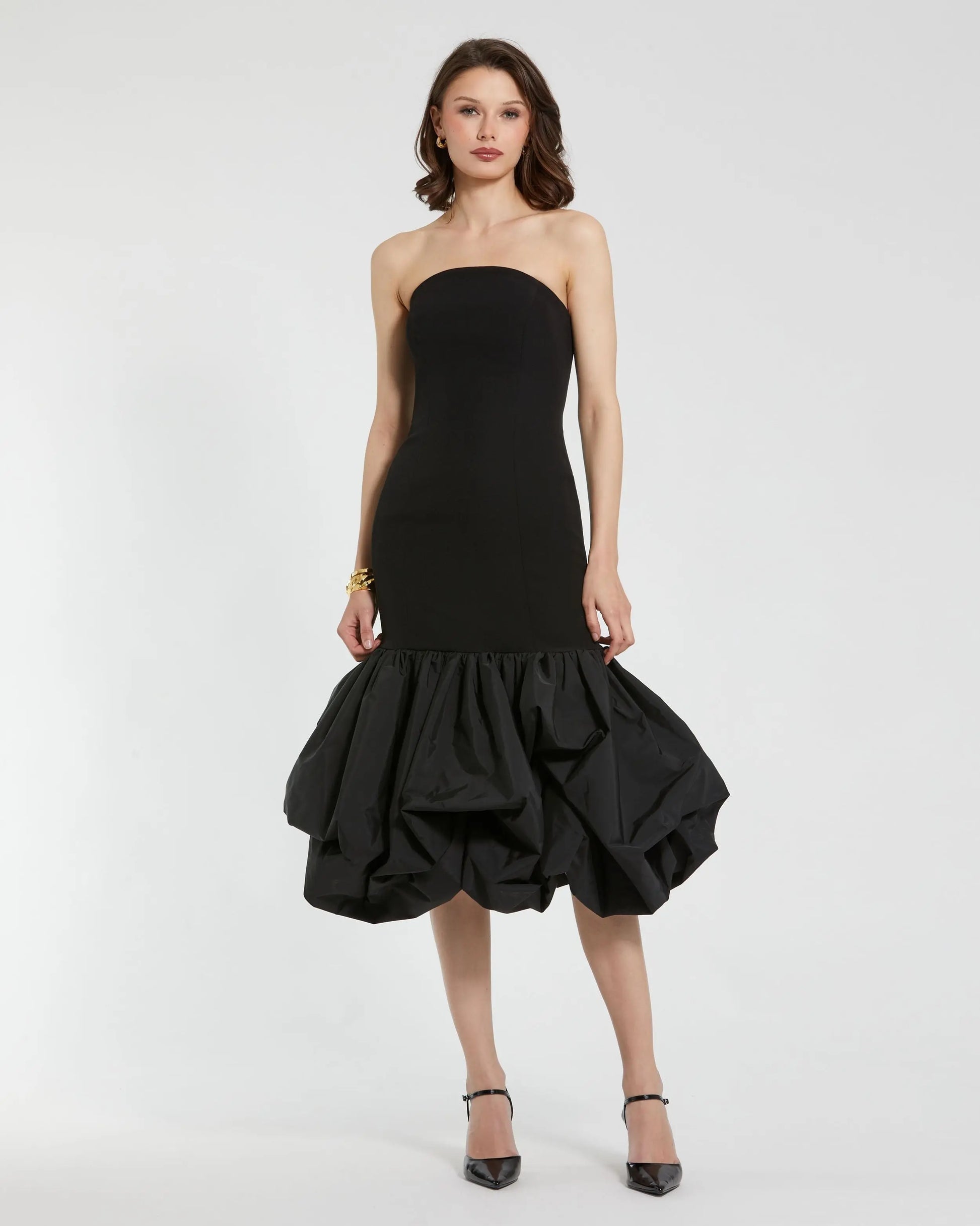 Black Strapless Crepe Midi Dress With Bubble Hem | Mac Duggal Black Strapless Crepe Midi Dress With Bubble Hem | Mac Duggal