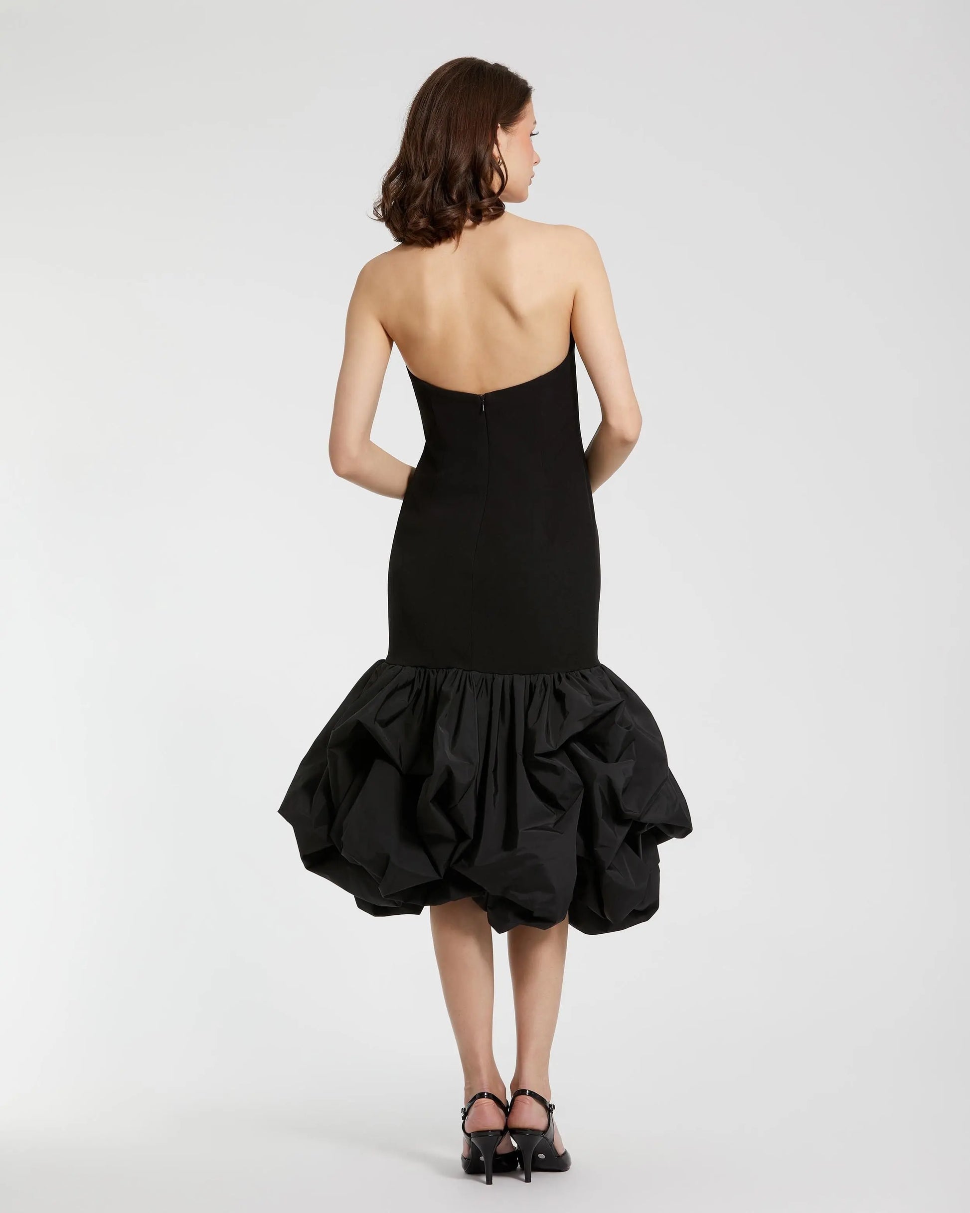Black Strapless Crepe Midi Dress With Bubble Hem | Mac Duggal Black Strapless Crepe Midi Dress With Bubble Hem | Mac Duggal