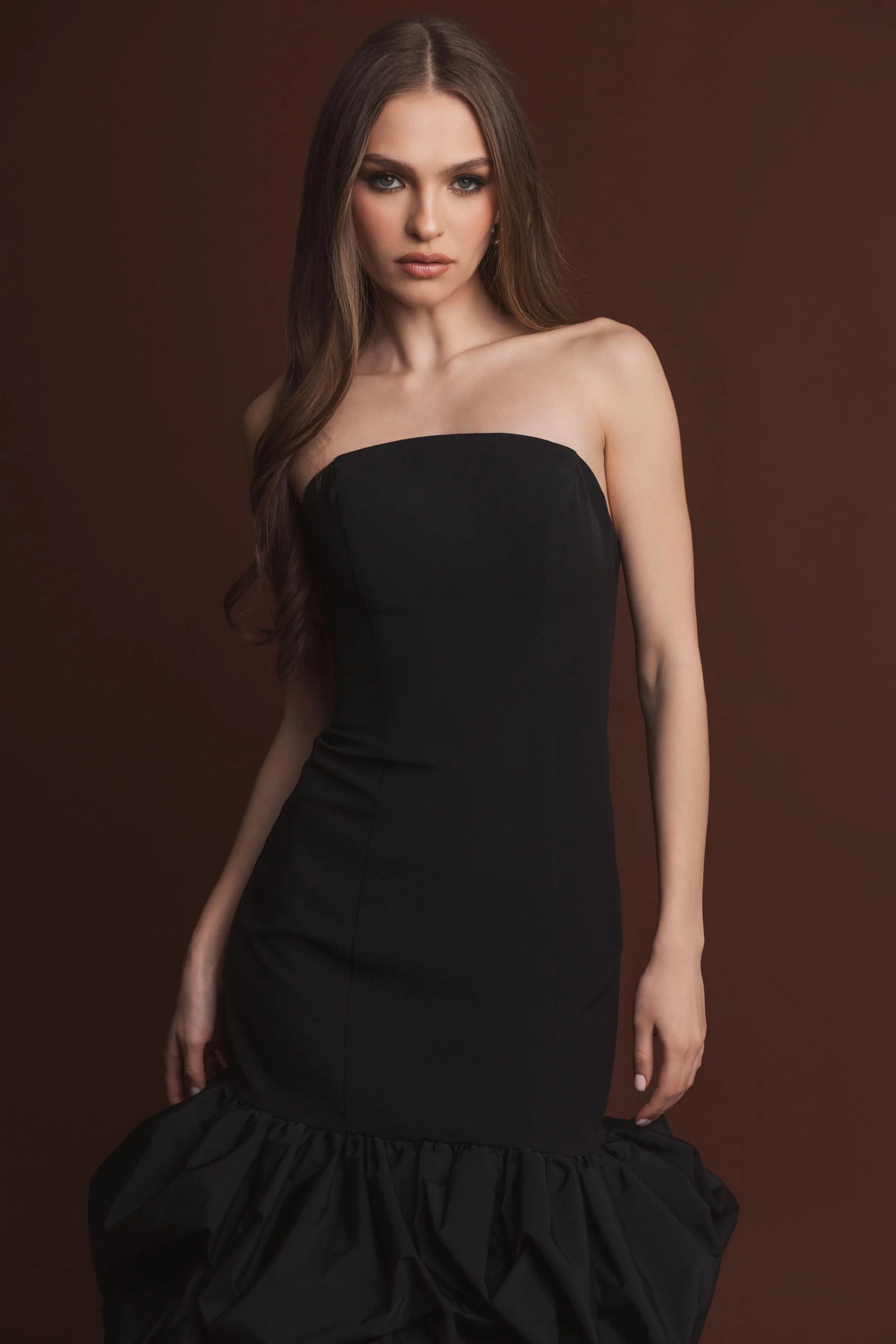 Black Strapless Crepe Midi Dress With Bubble Hem | Mac Duggal Black Strapless Crepe Midi Dress With Bubble Hem | Mac Duggal