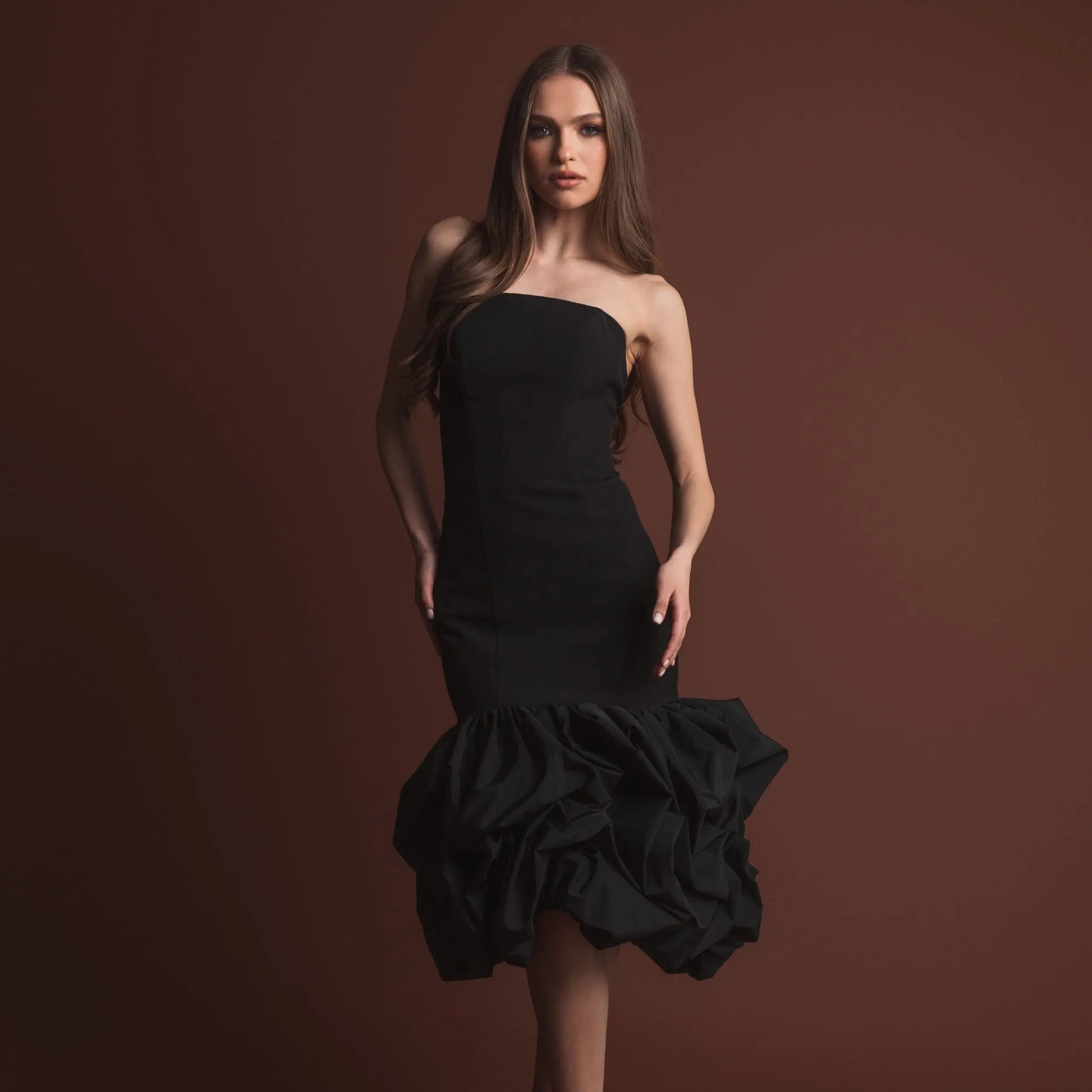 Black Strapless Crepe Midi Dress With Bubble Hem | Mac Duggal Black Strapless Crepe Midi Dress With Bubble Hem | Mac Duggal