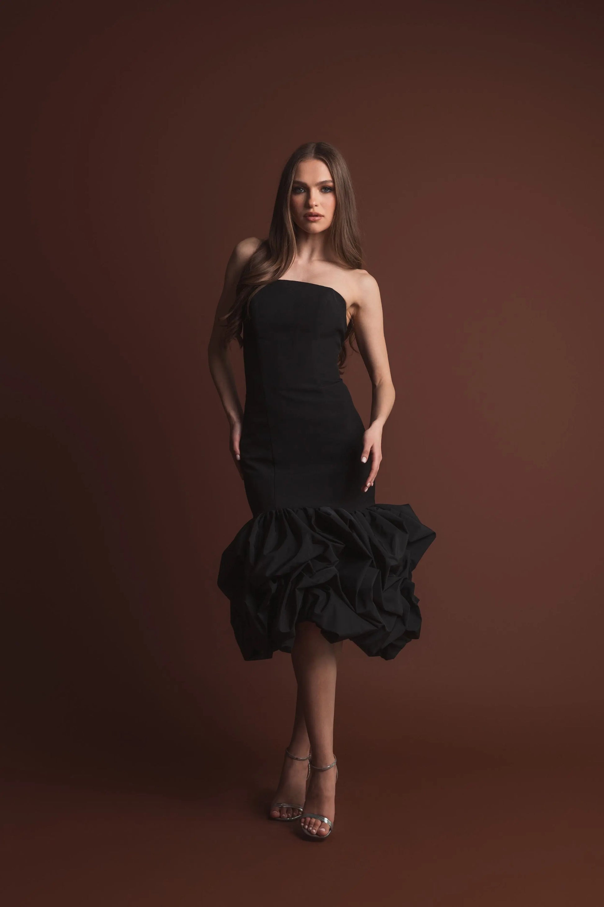 Black Strapless Crepe Midi Dress With Bubble Hem | Mac Duggal Black Strapless Crepe Midi Dress With Bubble Hem | Mac Duggal