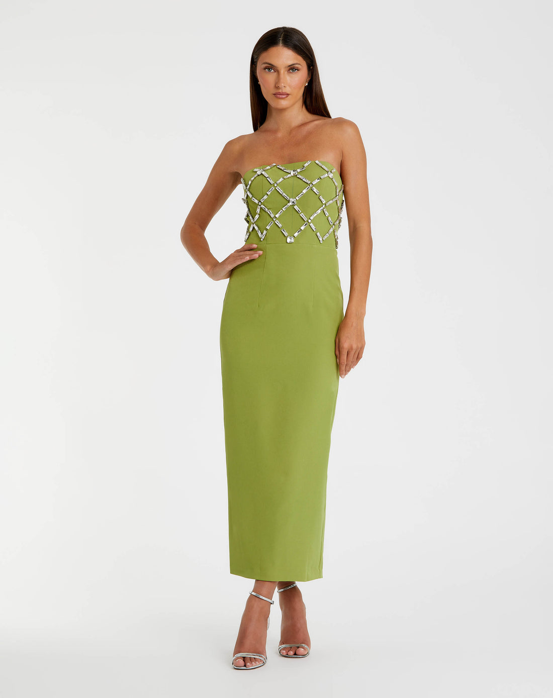 Green Strapless Crystal Embellished Midi Dress Ieena for Mac Duggal