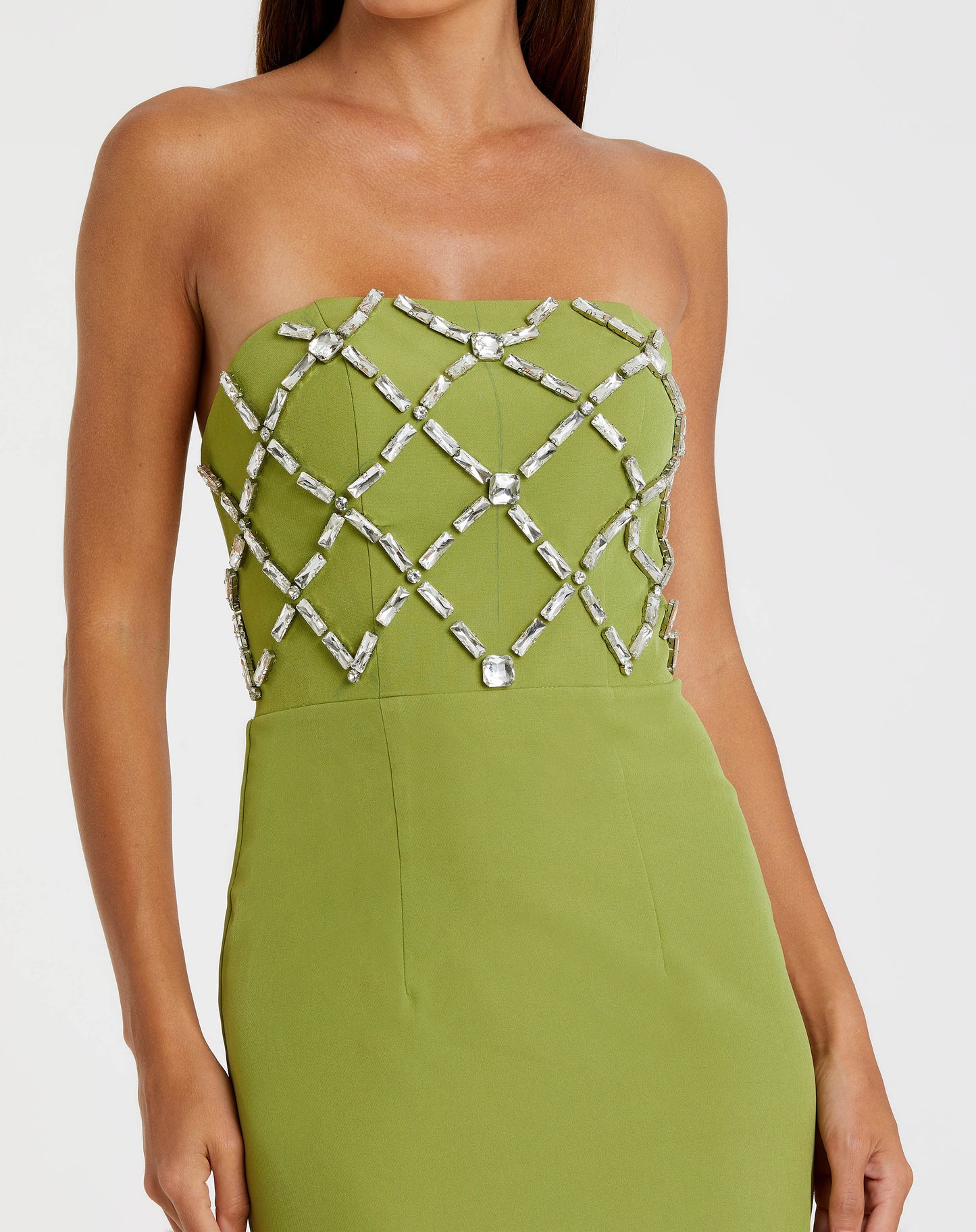 Green Strapless Crystal Embellished Midi Dress Ieena for Mac Duggal