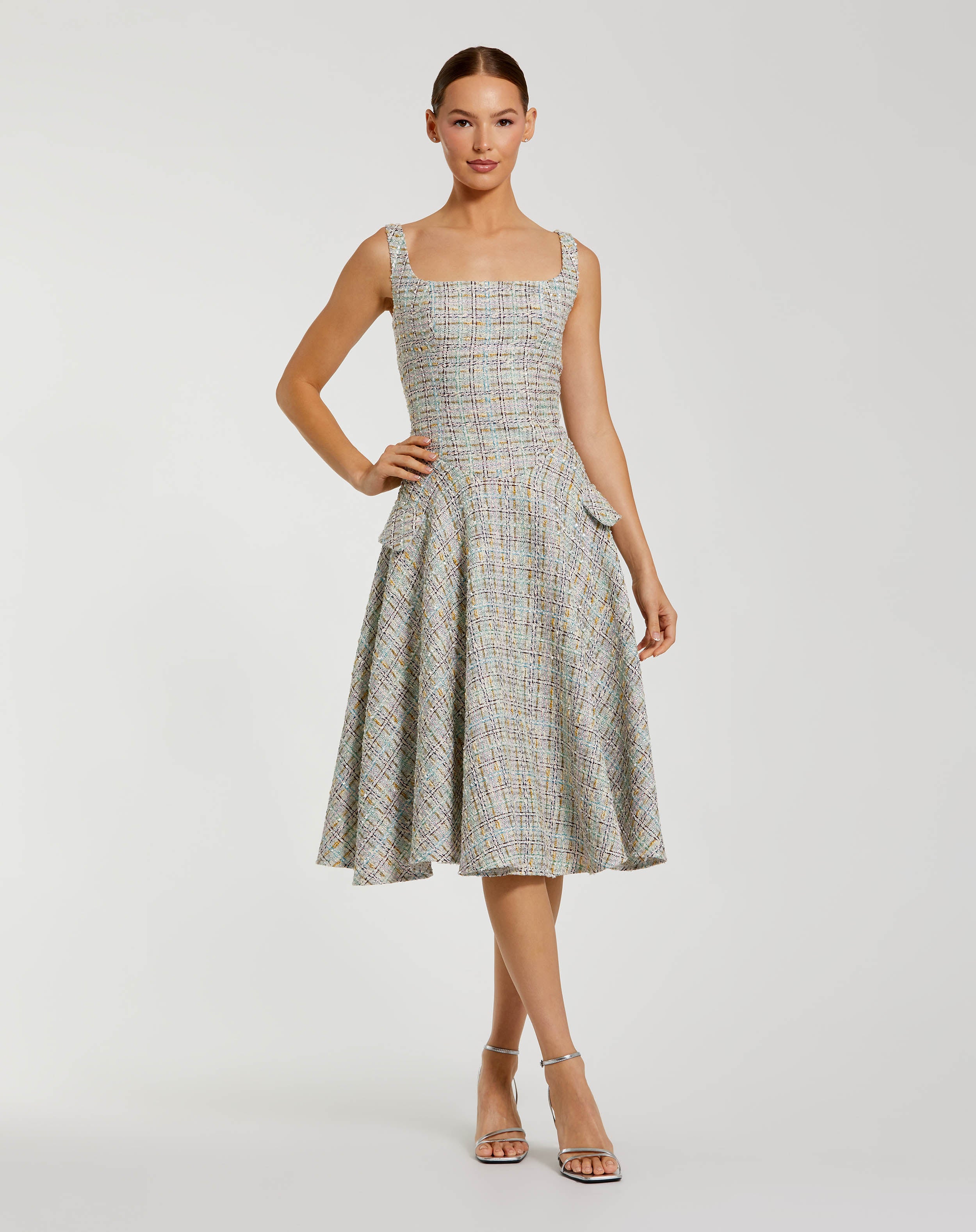 Multicolor Sleeveless Drop Waist Boucle Midi Dress - Ieena for Mac Duggal