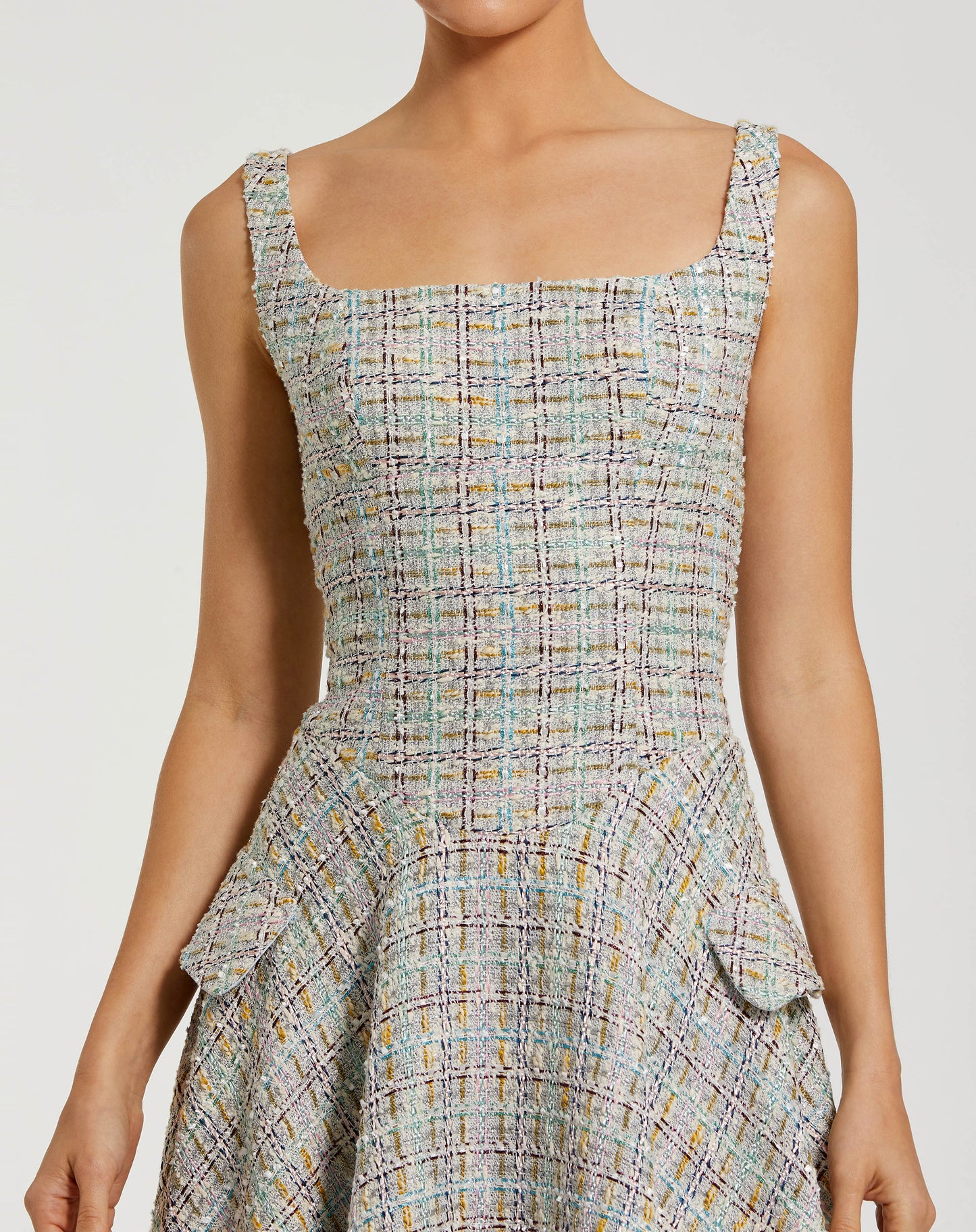 Multicolor Sleeveless Drop Waist Boucle Midi Dress - Ieena for Mac Duggal