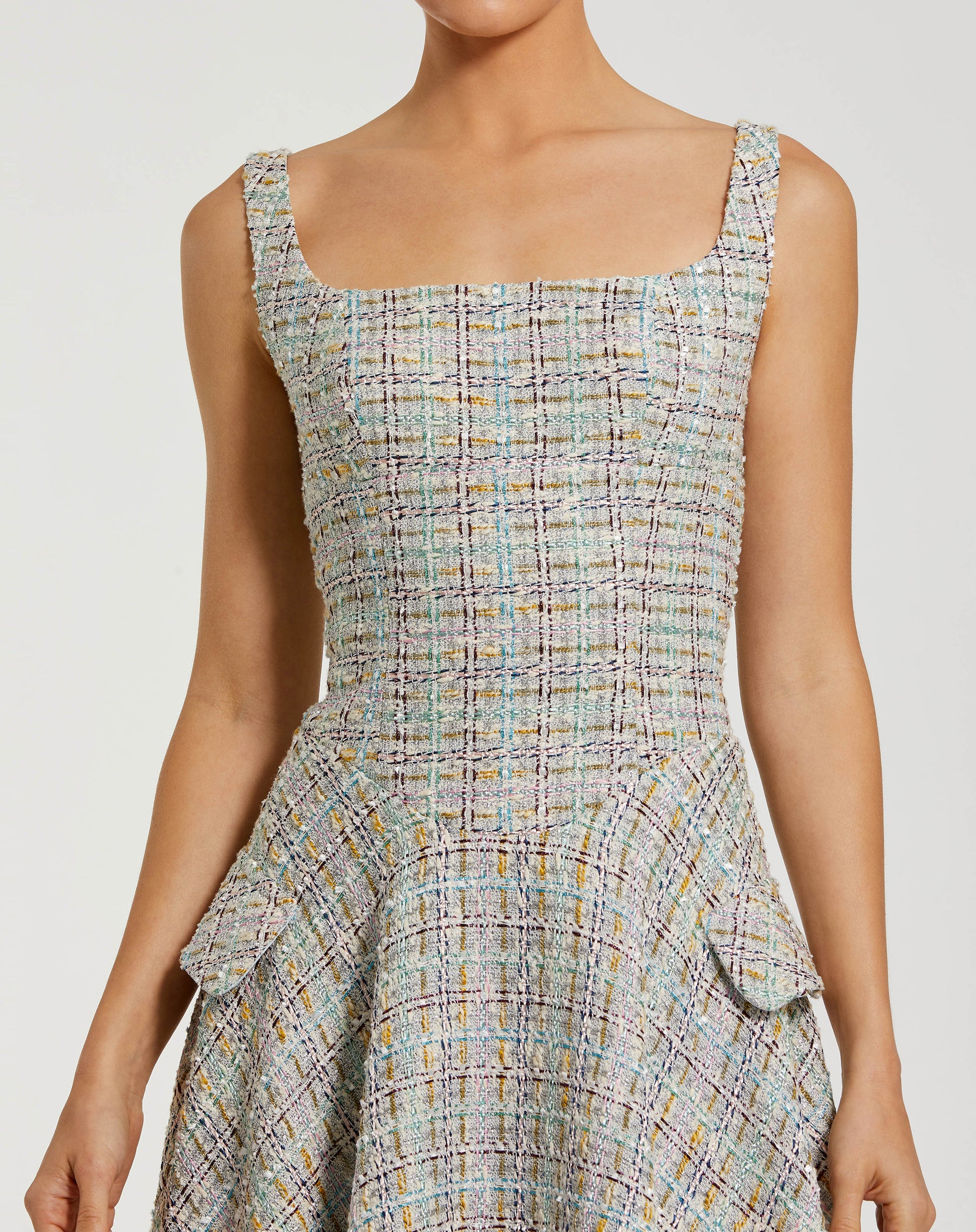 Multicolor Sleeveless Drop Waist Boucle Midi Dress - Ieena for Mac Duggal