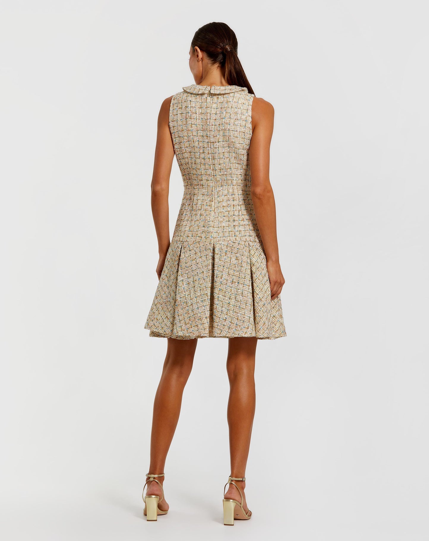 Gold Sleeveless Boucle Mini Dress with Pleats - Ieena for Mac Duggal