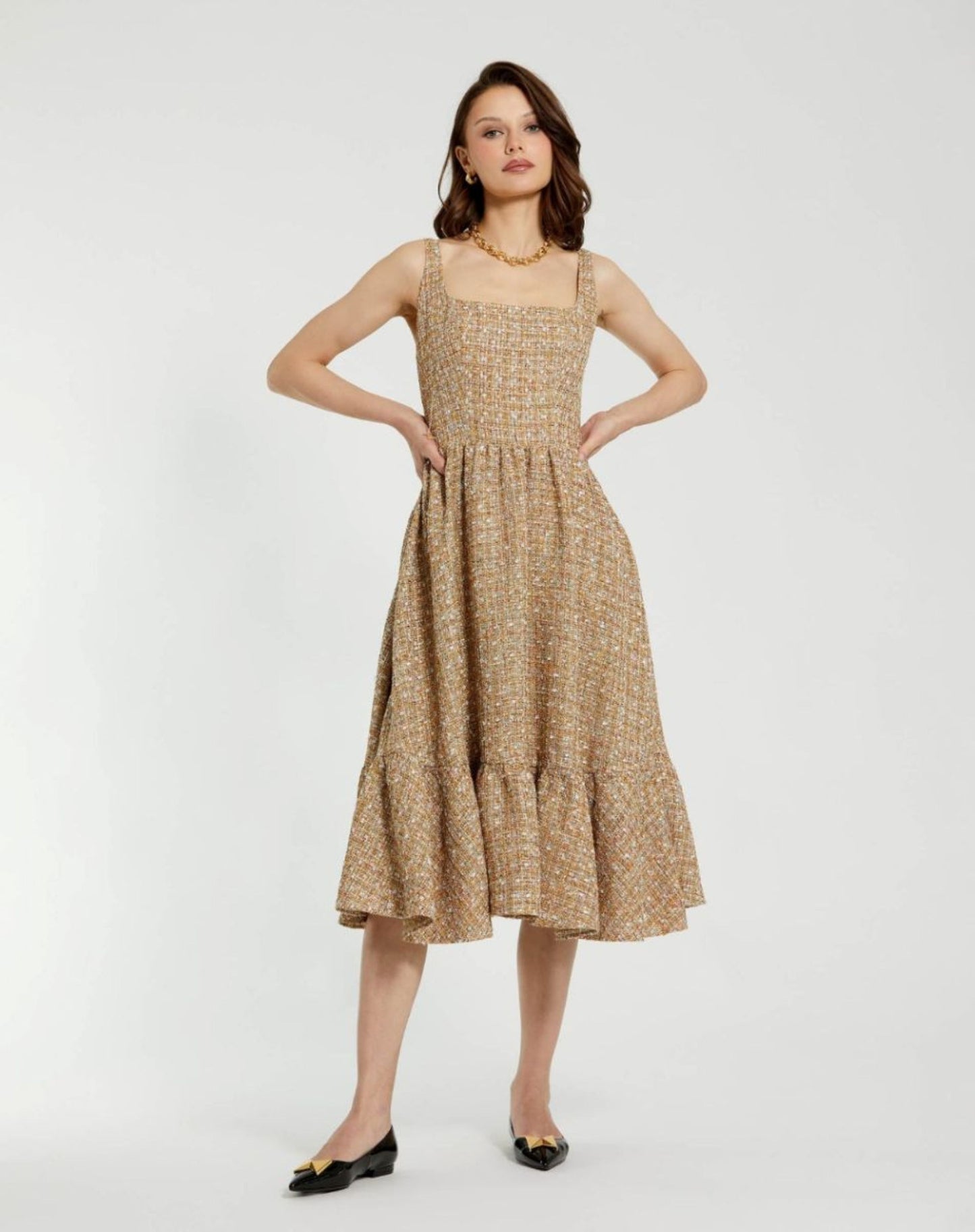 Beige Boucle Sleeveless A-Line Midi Dress - Mac Duggal