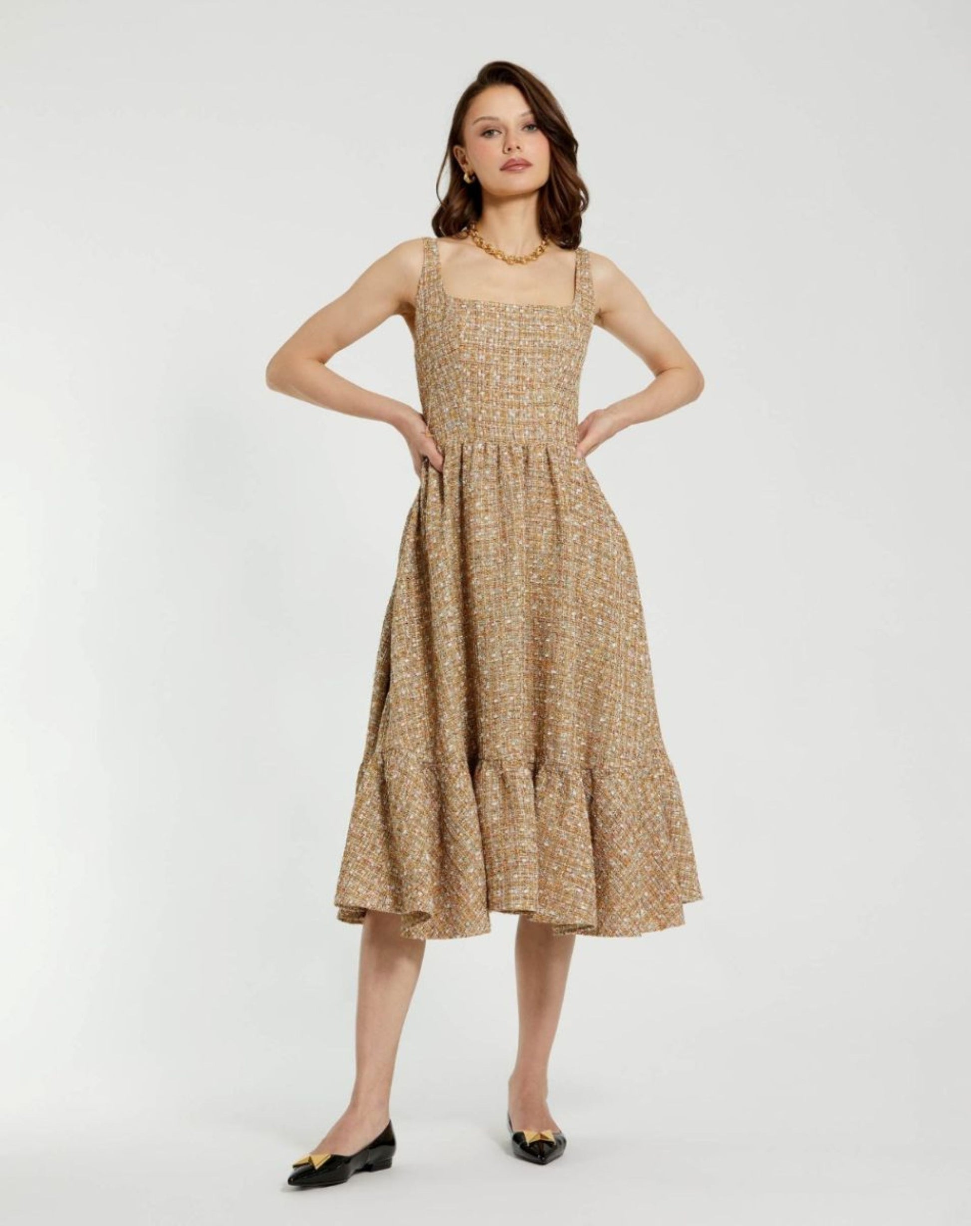Beige Boucle Sleeveless A-Line Midi Dress - Mac Duggal