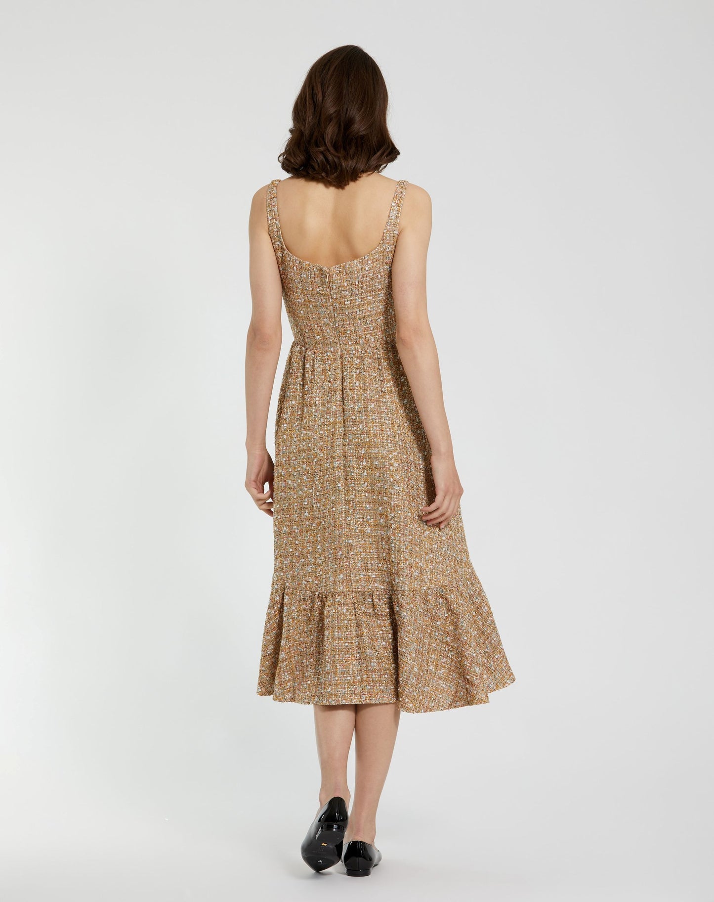 Beige Boucle Sleeveless A-Line Midi Dress - Mac Duggal