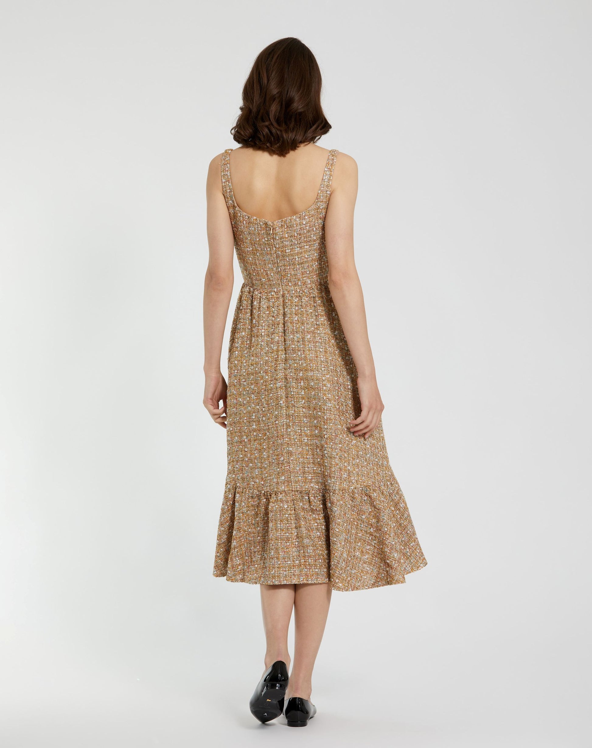 Beige Boucle Sleeveless A-Line Midi Dress - Mac Duggal
