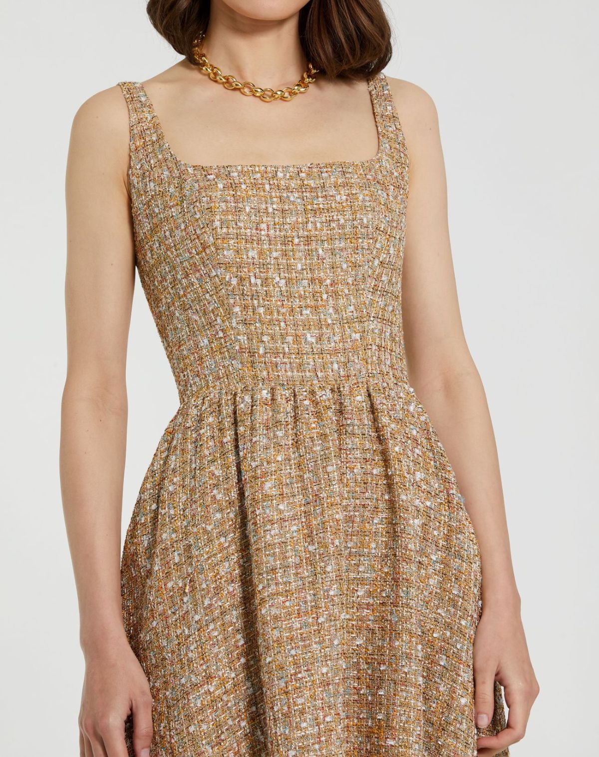 Beige Boucle Sleeveless A-Line Midi Dress - Mac Duggal