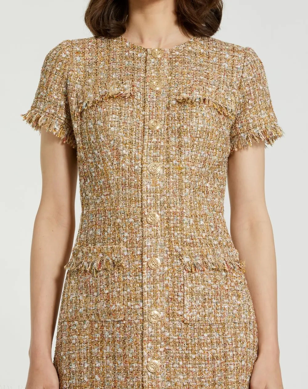Beige Boucle Short Sleeve Mini Dress With Pockets - Mac Duggal