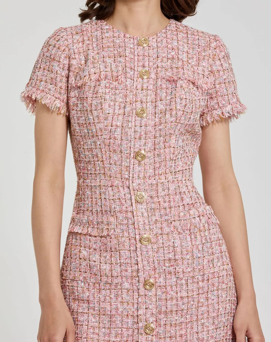 pink boucle mini dress Ieena for Mac Duggal - Pink Boucle Short Sleeve Mini Dress With Pockets