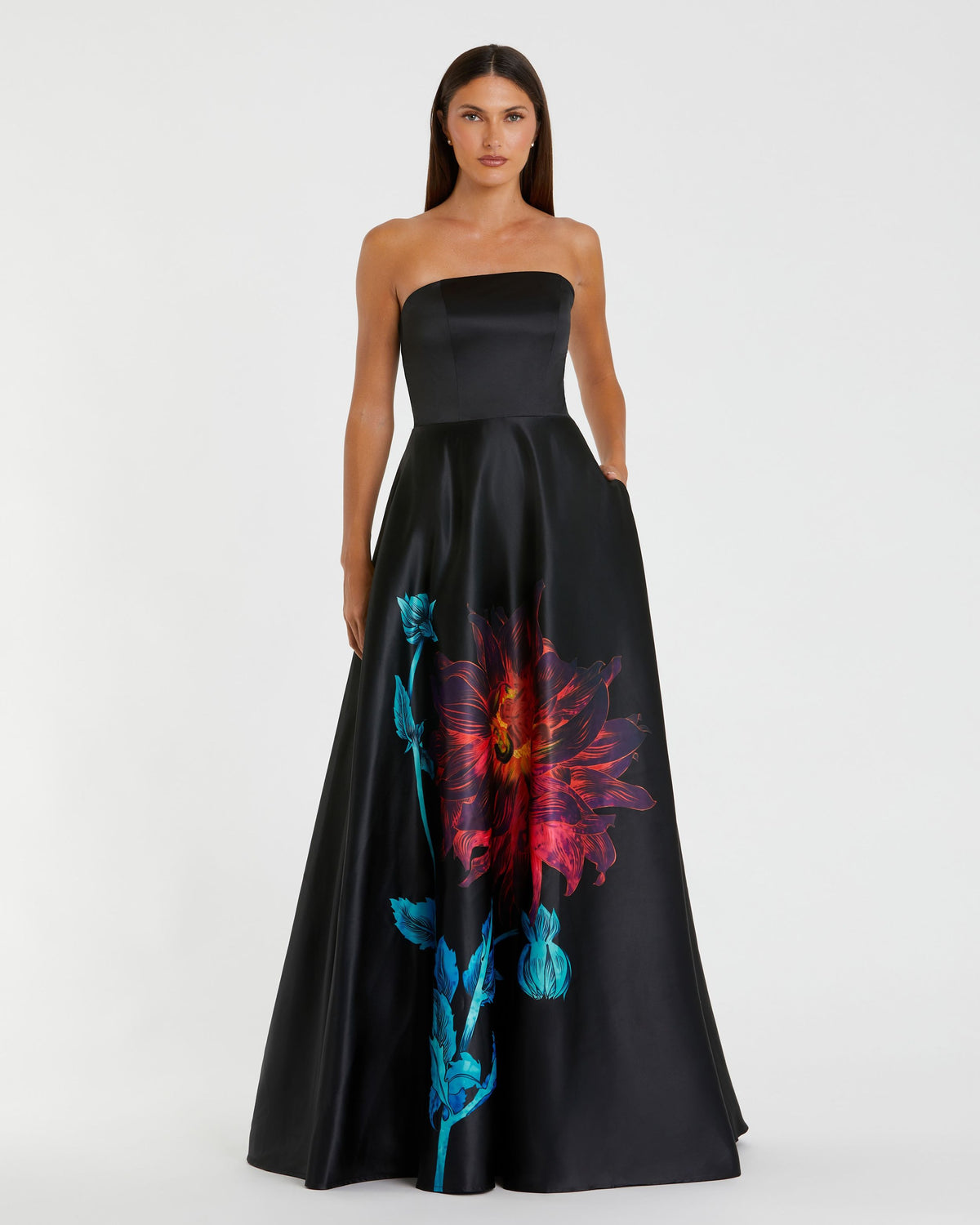 Black Multi Floral Print Strapless Satin Gown - Ieena for Mac Duggal