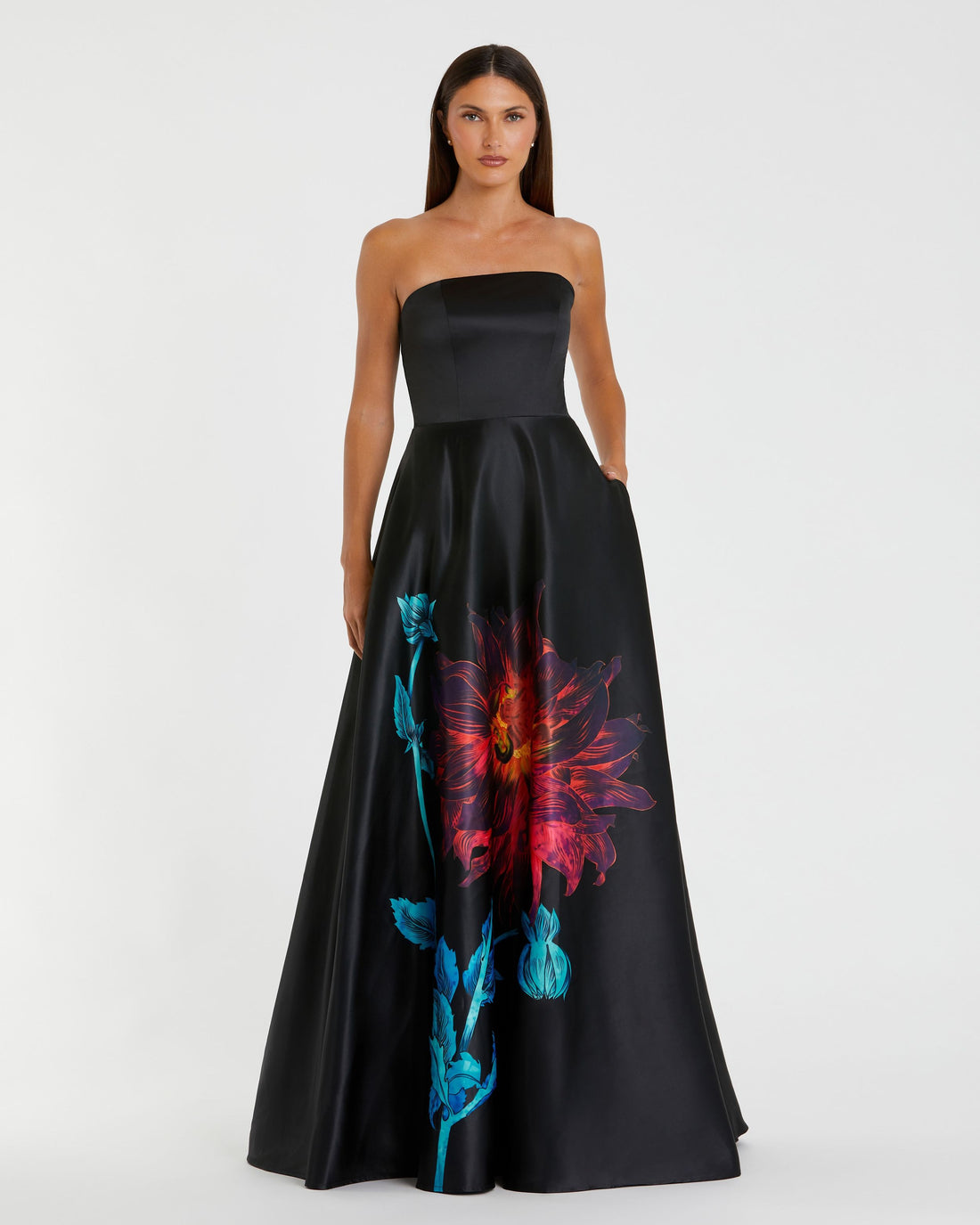 Black Multi Floral Print Strapless Satin Gown - Ieena for Mac Duggal