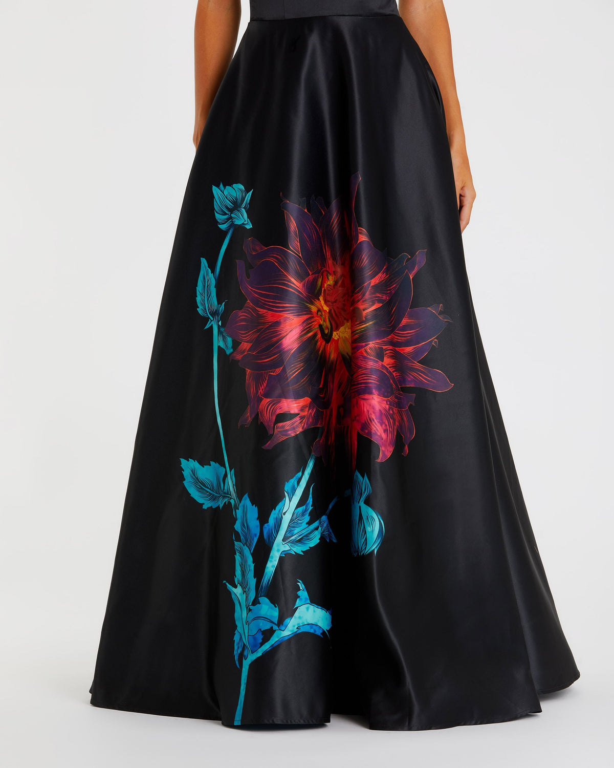 Black Multi Floral Print Strapless Satin Gown - Ieena for Mac Duggal