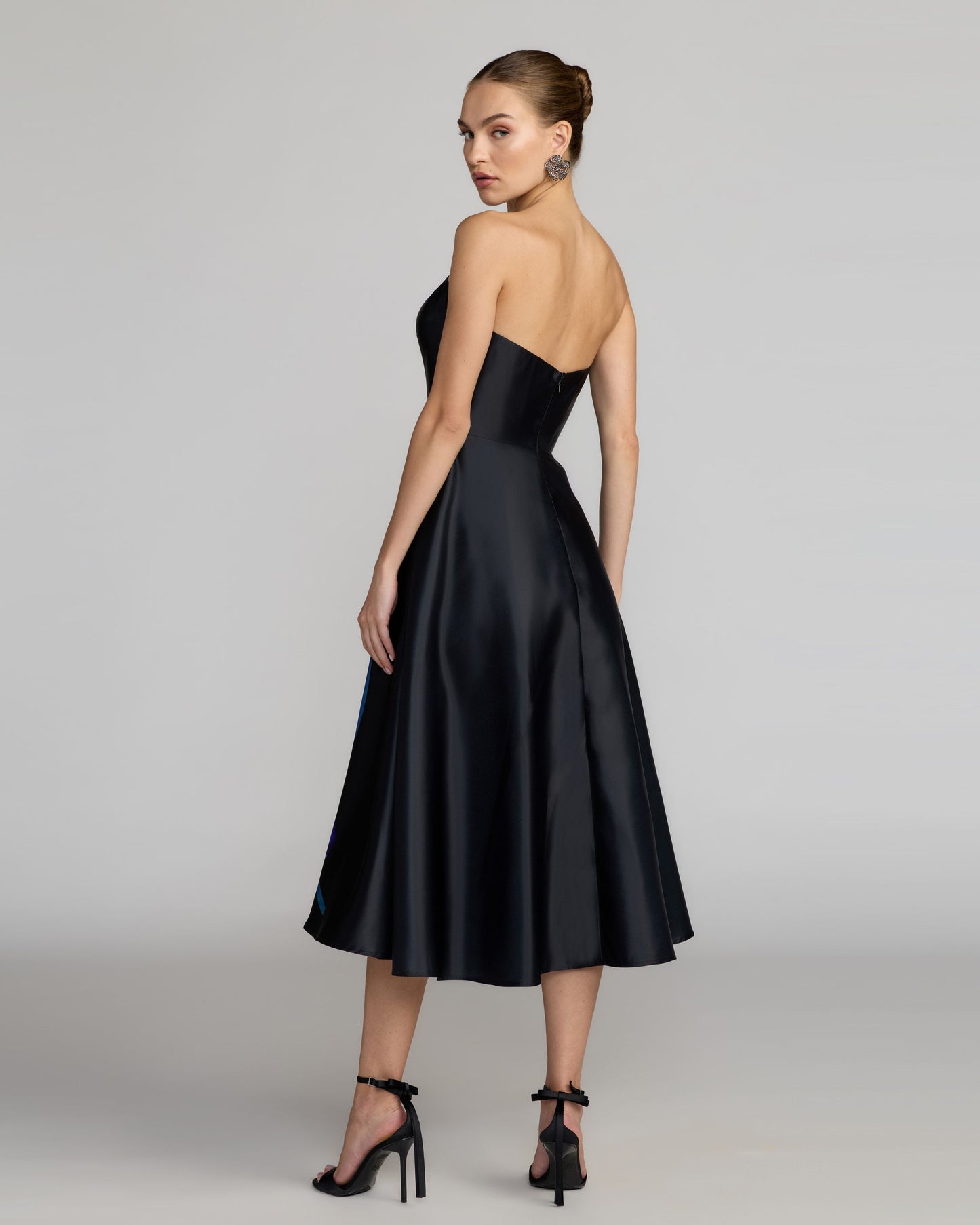 Black Strapless Satin Midi Dress With Flower Print Ieena for Mac Duggal