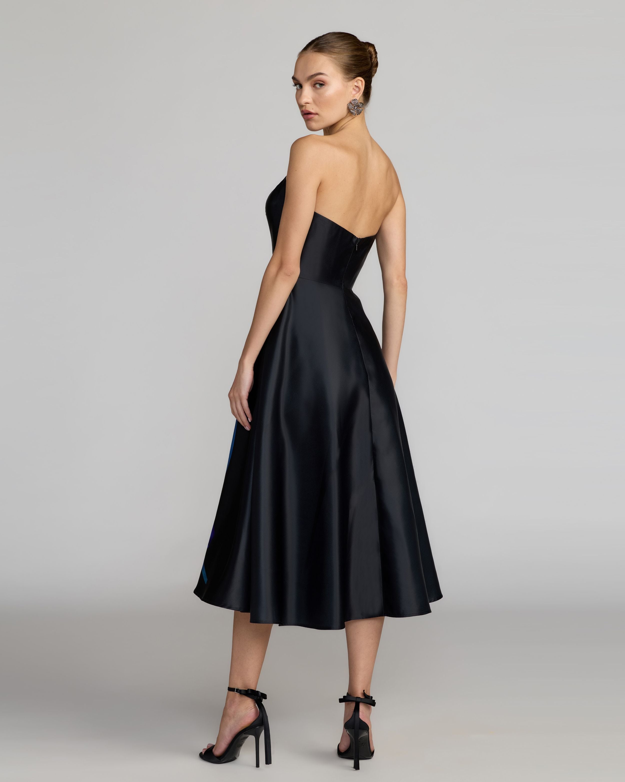 Black Strapless Satin Midi Dress With Flower Print Ieena for Mac Duggal